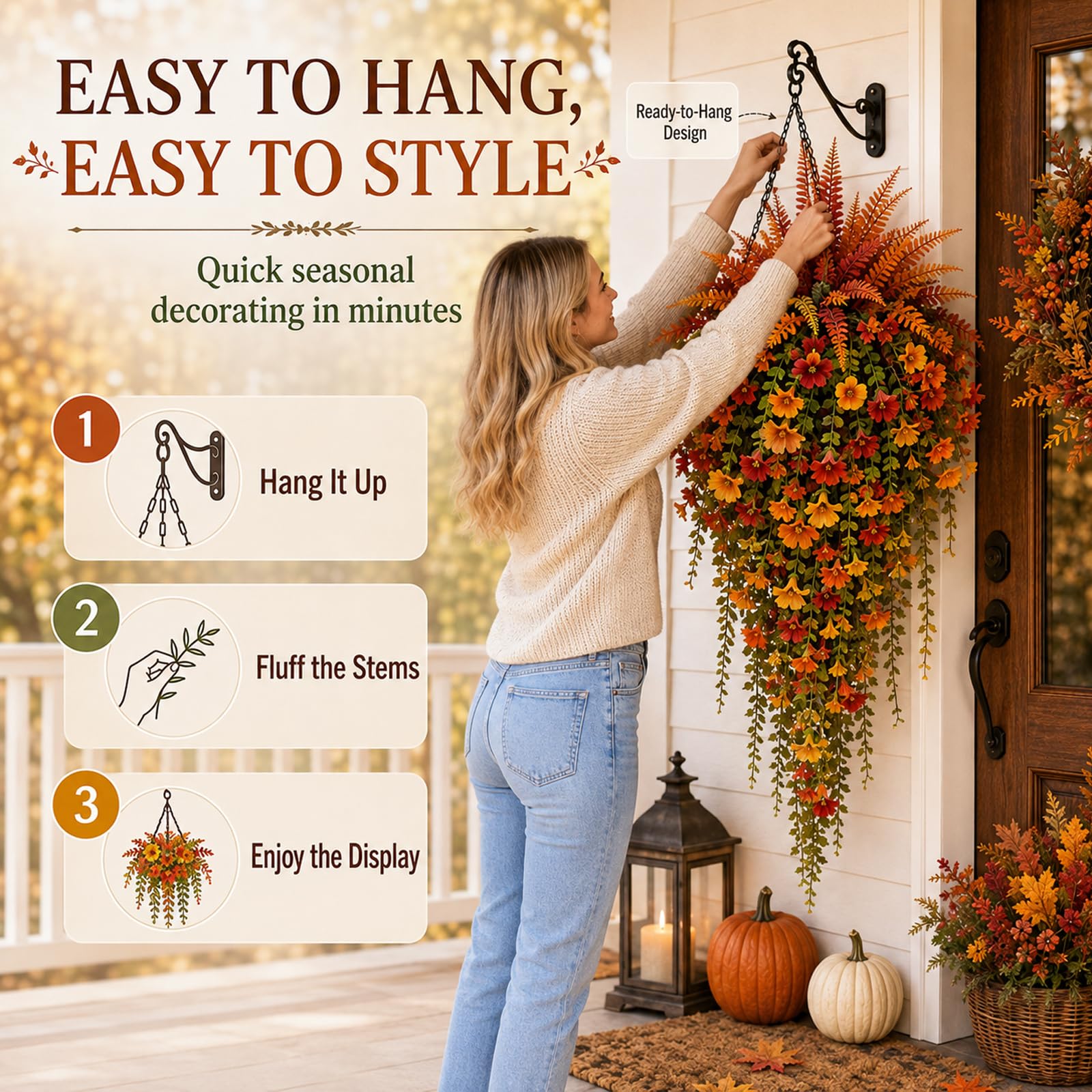 Felce artificiale per decorazione autunnale per esterni, decorazione autunnale per portico e porta, con erba persiana e gloria mattutina, set da 2