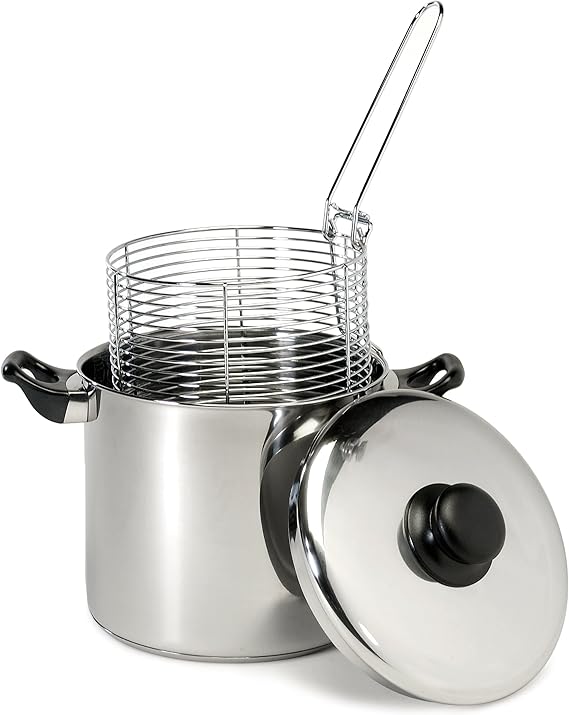 Excelsteel 6 Quart Stainless Steel Stove Top Deep Fryer,Silver Deep Fry Basket