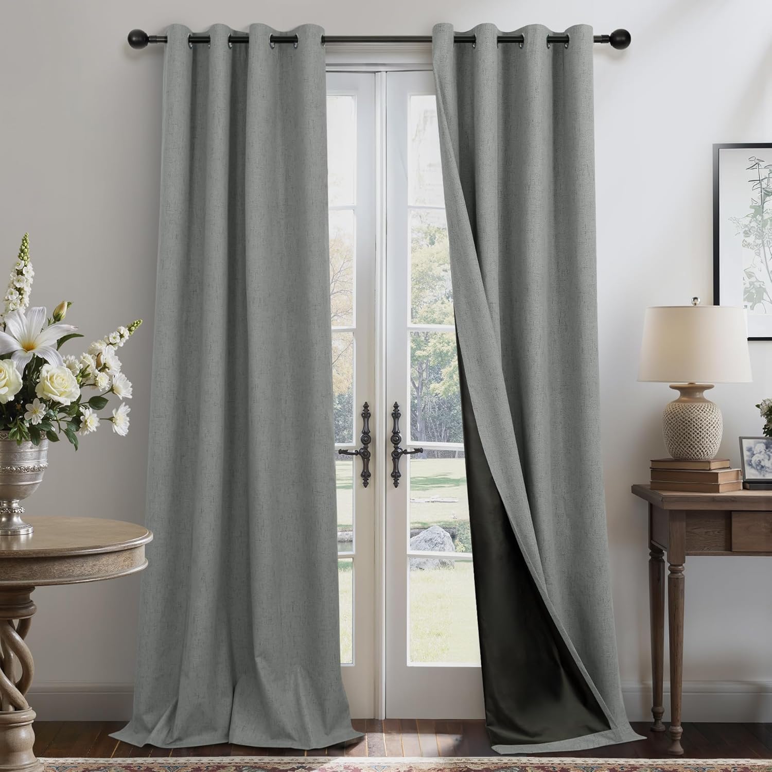 Grey Blackout Curtains for Bedroom 84 Inch Length 2 Panel Set Grommet Cotton Linen Textured Total Black Out Long Drape Thermal Insulated Medium Dark Gray Curtain for Living Room Modern Farmhouse Decor