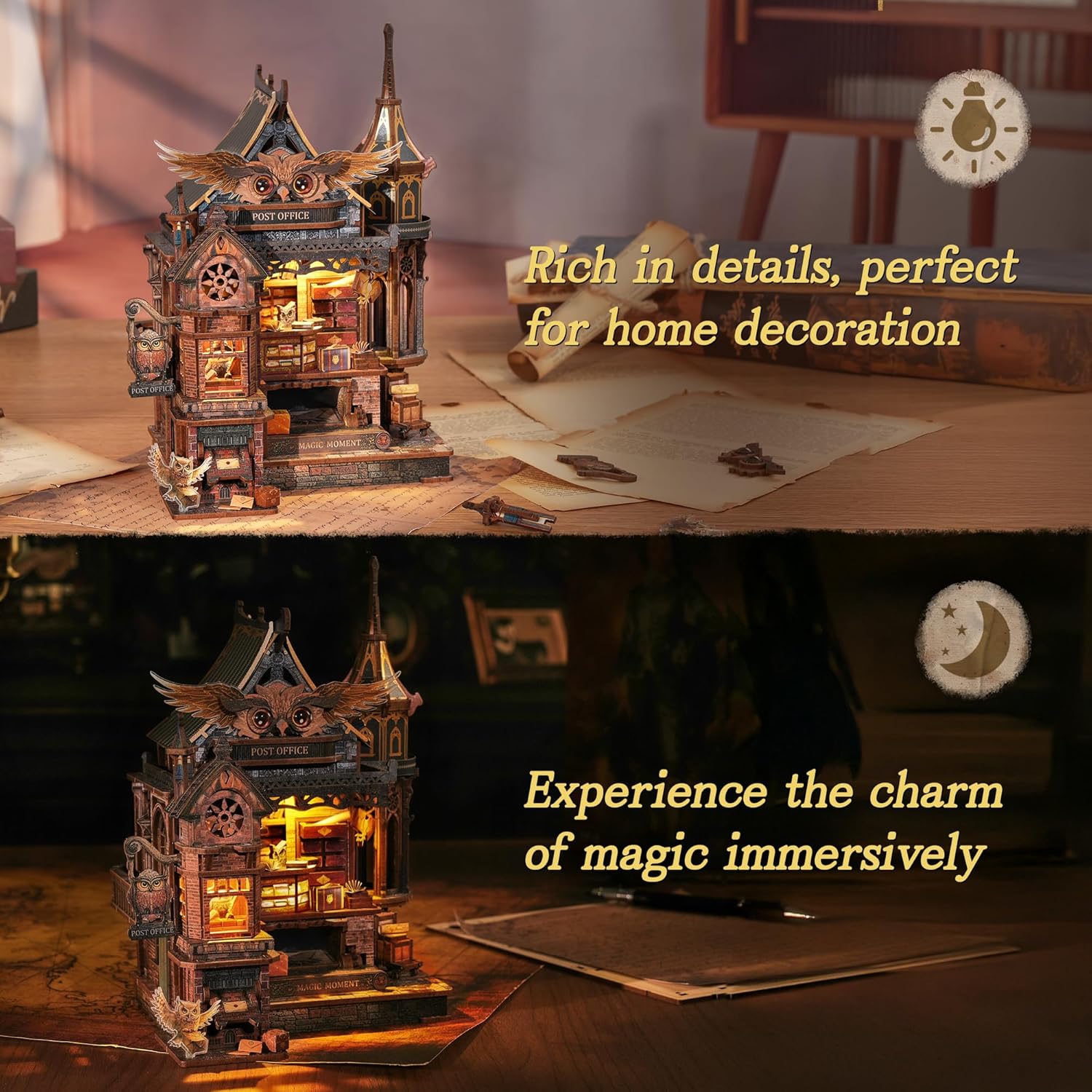 LED 3D Wood Puzzle Owl Post Office, Dynamic Model with Mechanical Gears, DIY Miniature Kit with Music and LED Lights, Home Décor Gift for Adults and Teens