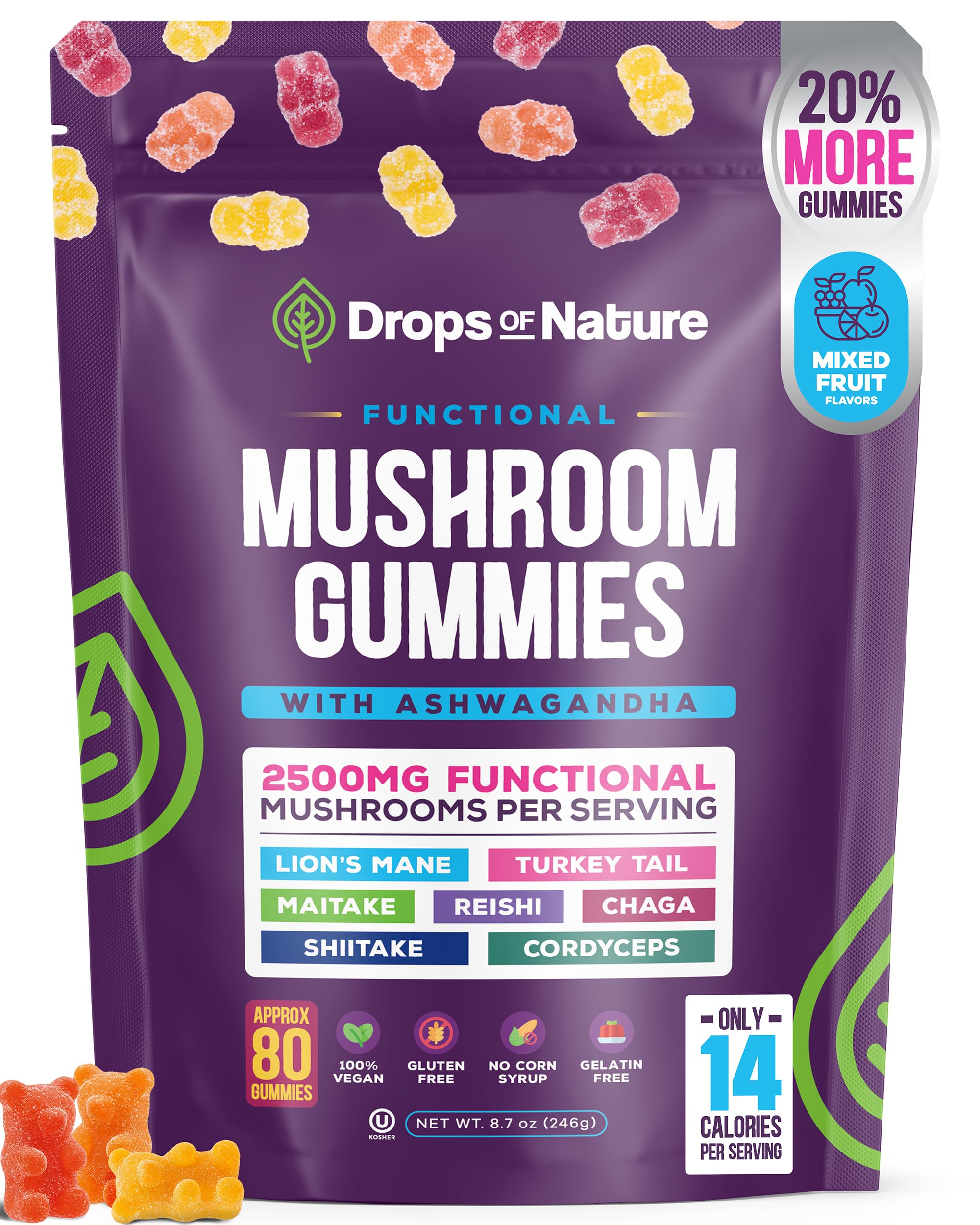 Ashwagandha Gummies and Lions Mane Mushroom Gummies Supplement - Organic - Reishi, Cordyceps, Turkey Tail, Maitake, Shitake, Chaga - Immune Defense, Boosts Cognitive Performance, Vegan, Low Carb