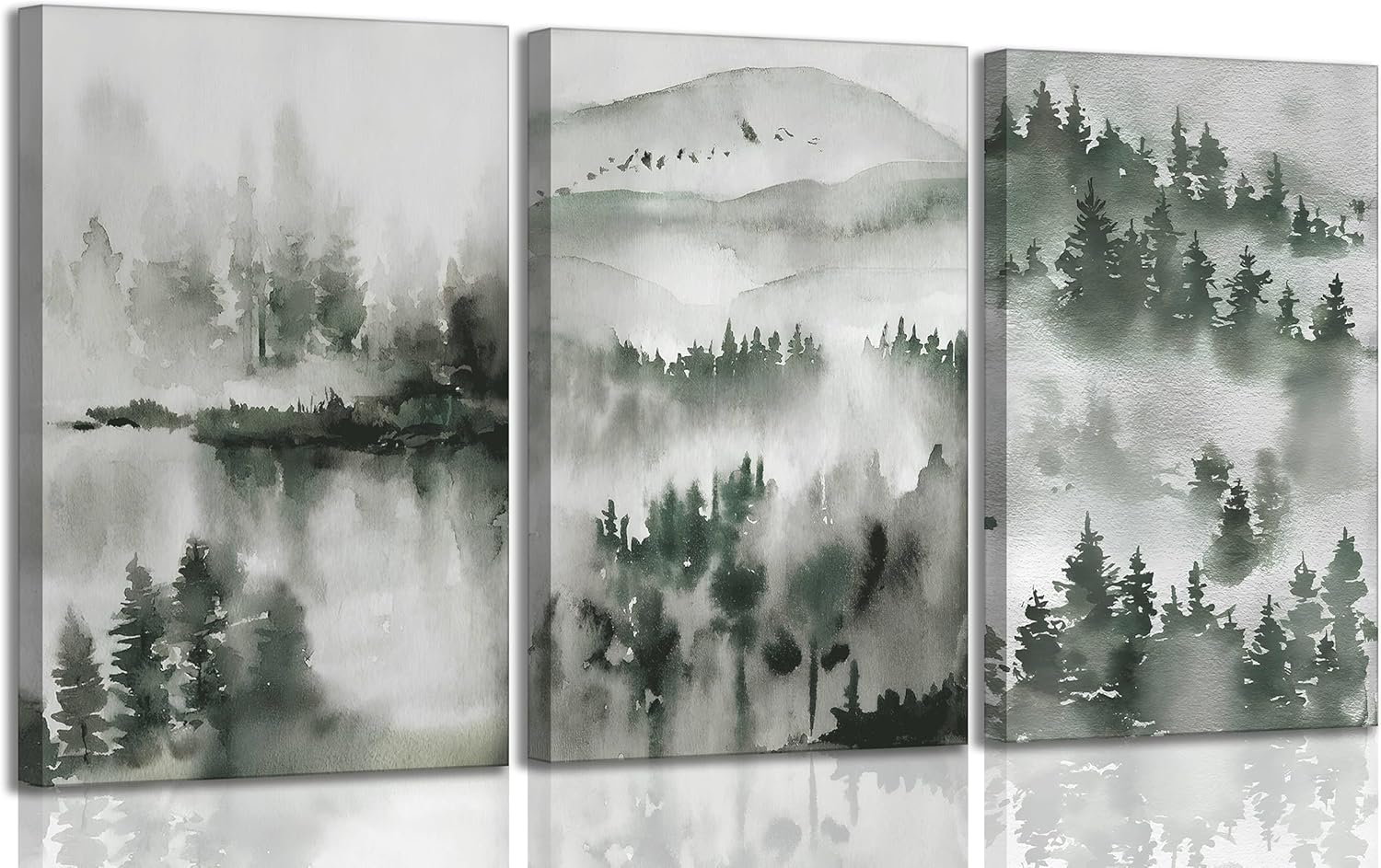 3 Pcs Watercolor Misty Forest Canvas Wall Art Green lnk Abstract Mountain Natural Landscape Paintings Pictures Wall Decor Poster Print Artwork for Living Room Bedroom Office Home Decoration Scenery-Canvas 16L" x 12W"