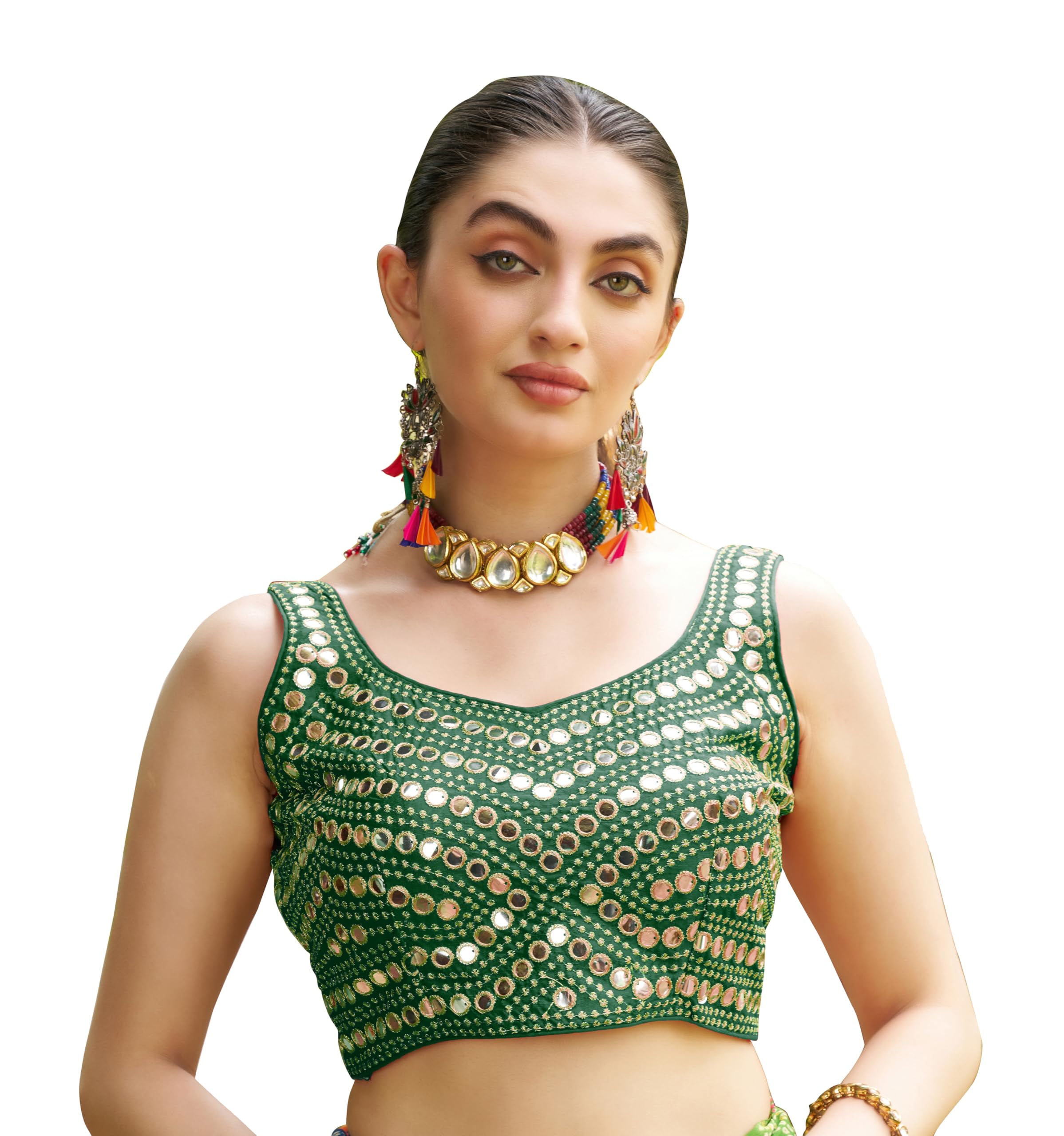 Pujia Mills Women's Embroidery Work Real Mirror Sleeveless Readymade Blouse Green Color (V-Mirror_Green_36)