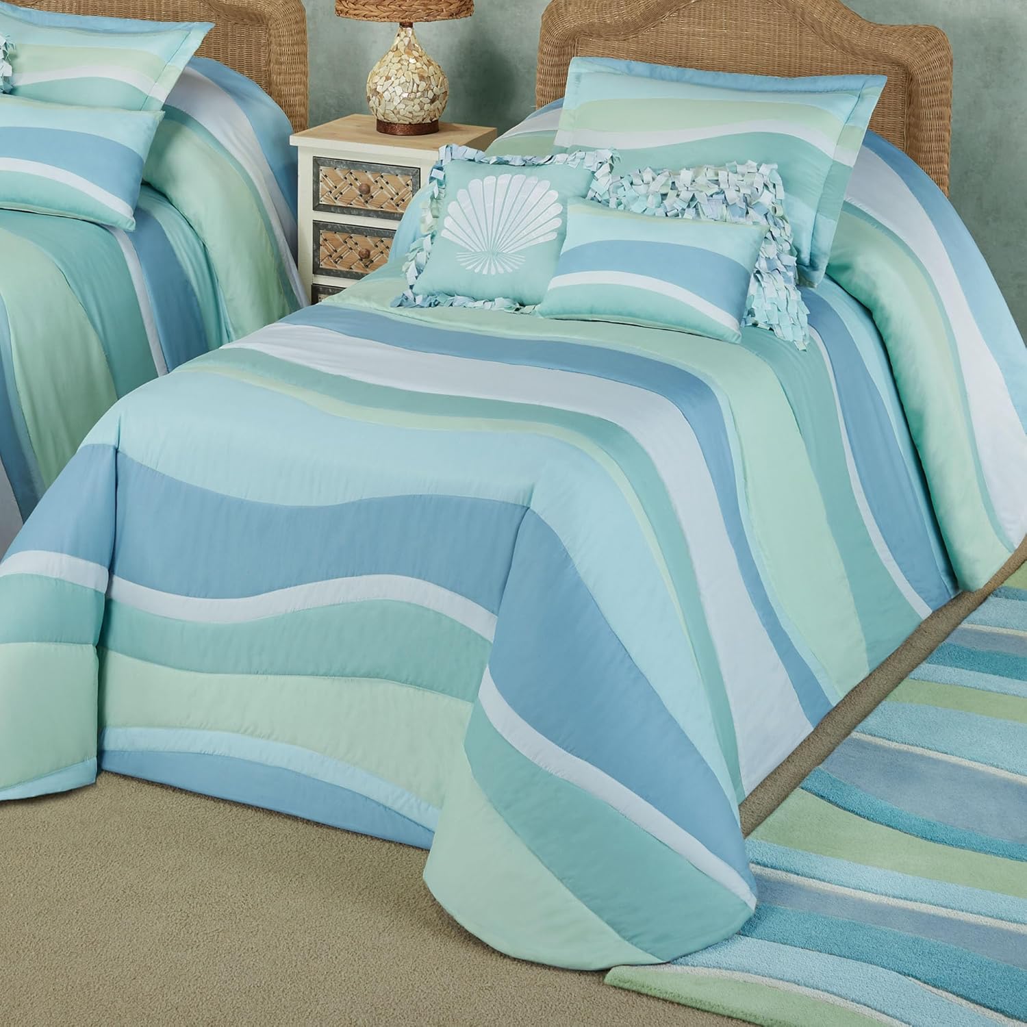 Ocean Tides II Bedding | Coastal Cool-Hued Abstract Wave Bands | Machine Washable Polyester Microfiber Ensemble | 2 Piece Lightweight Oversized Bed Set with California King Bedspread & 2 King Shams