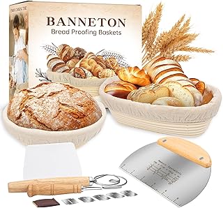 Banneton Bread Proofing Basket, 9\" Round & 10\" Oval Sourdough Bread Baking Supplies, Bread Making Supplies Tools with Bread Lame, Danish Whish, Bowl Scraper, Sourdough Scraper, and Linen Liners