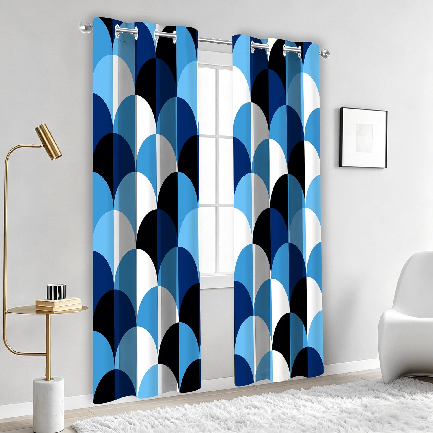 Modern Geometric Blackout Curtains Abstract Blue Black White Circle Patterned Grommet Window Drapes for Bedroom Living Room 2 Panels 42x84 Inch
