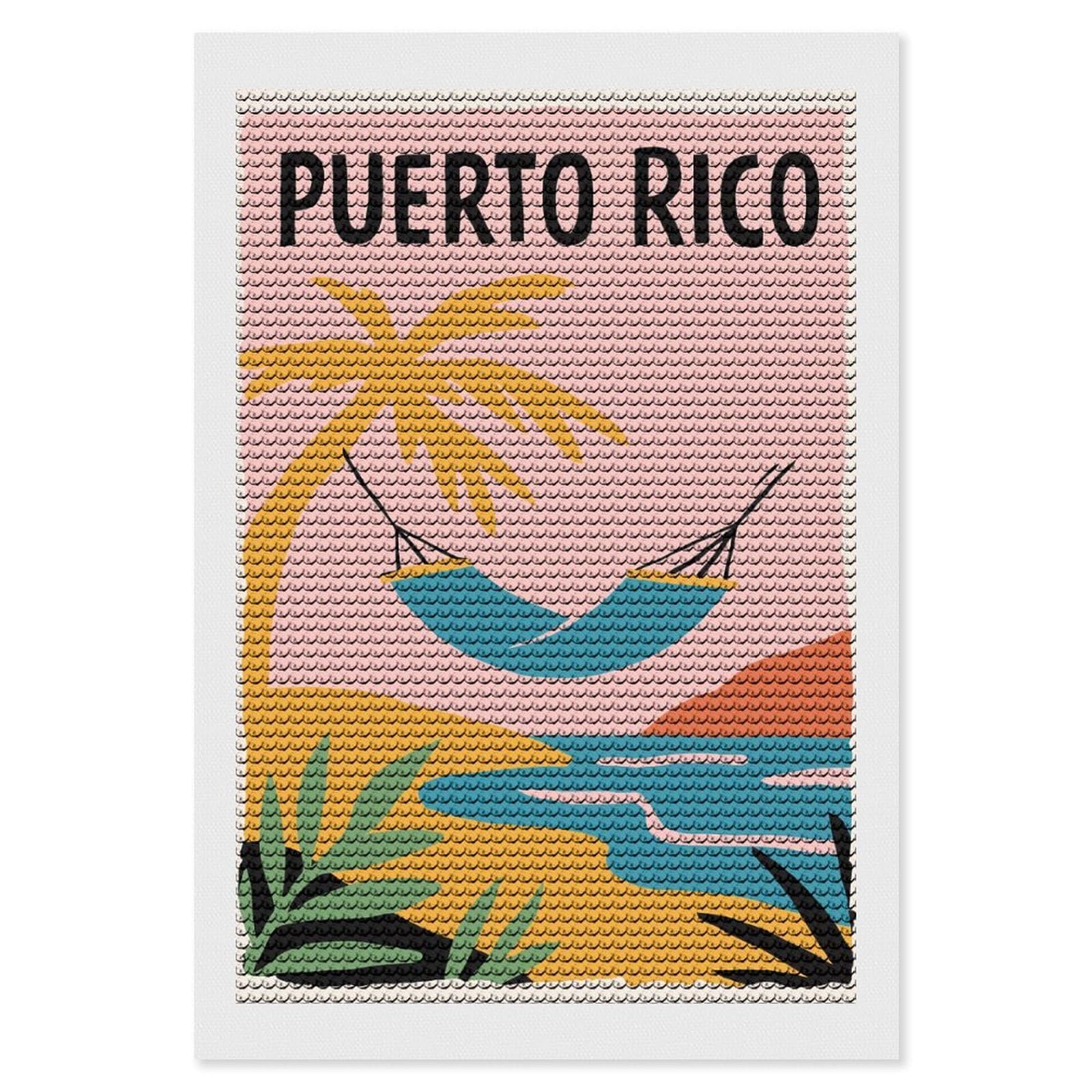 Junmoney Puerto Rico Beach Hammock Travel Diamond Art Canvas 8"x12", Easy Handmade Project, Complete Accessories, Bedroom Decor, Birthday Gift