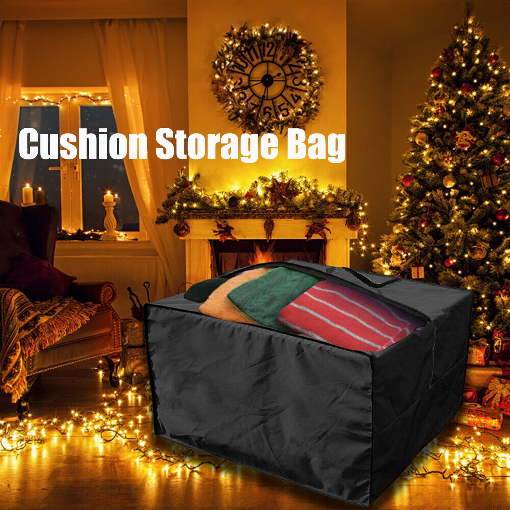 J&C Outdoor Cushion Storage Bag 420D Waterproof Patio Furniture Set Cushions Storage Bag Durable with Zipper Dust-Proof for Christmas Decoration Square Black (Black)