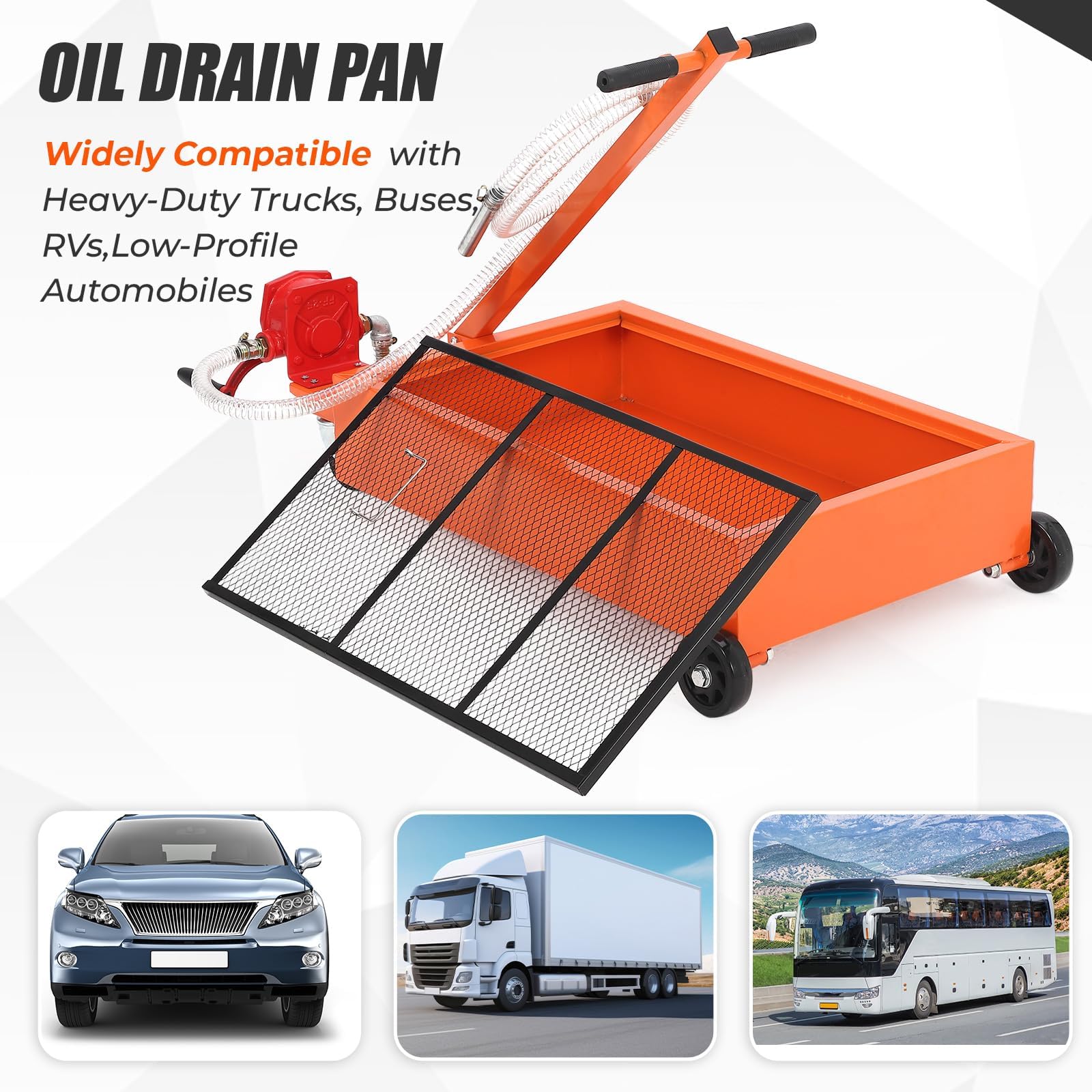 Carrello di Raccolta Olio esausto a Basso Profilo – 20 galloni con Pompa Manuale, Tubo Flessibile 2,5 m, Manico Pieghevole e Ruote – per Cambio Olio Auto, SUV, Camion, Camper, Autobus –