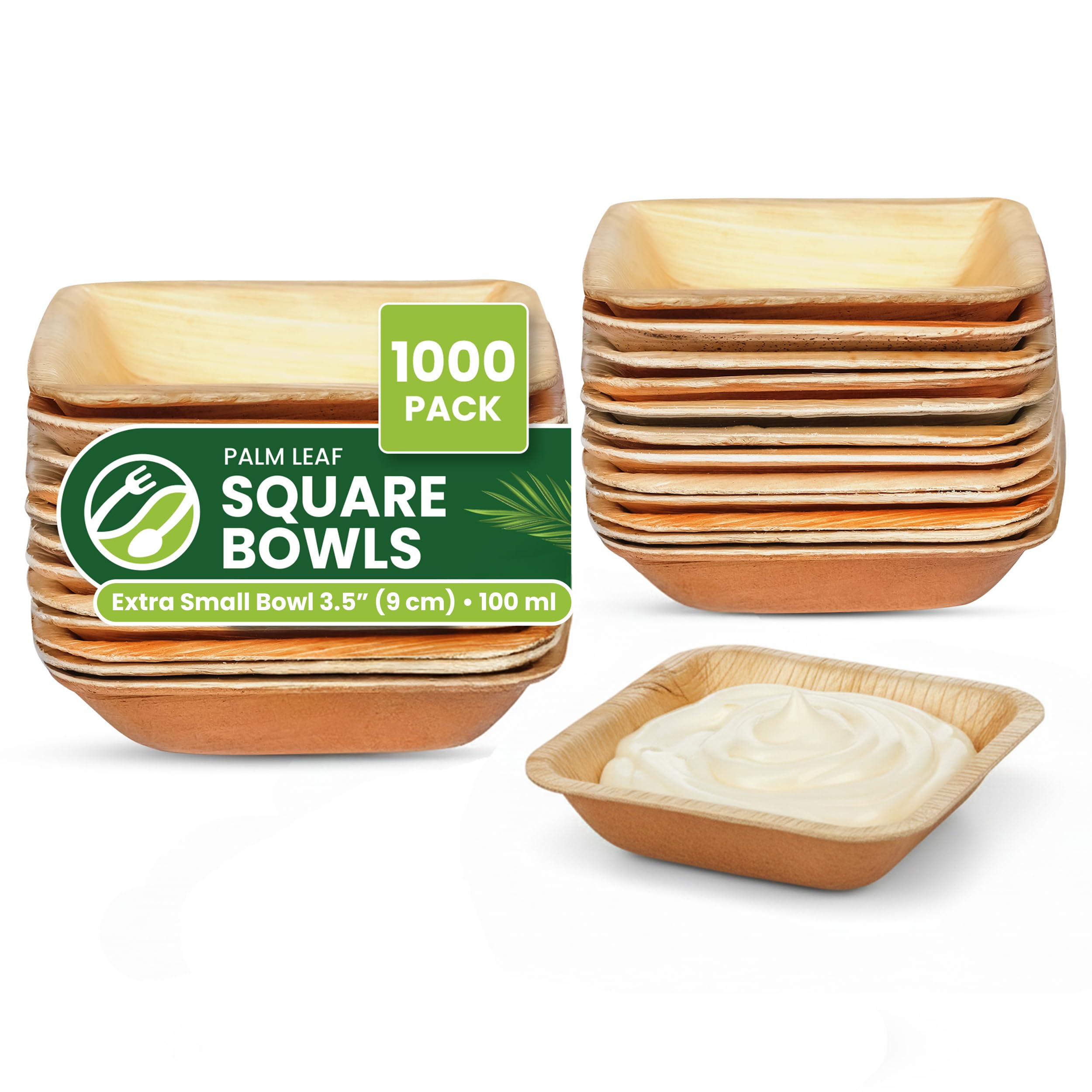 ECO Leaf 1000 Disposable Palm Leaf Bowls |3.5”(9cm) Square Compostable Dinner Bowls | Eco-Friendly, Biodegradable Heavy-Duty Bowl for Wedding, Party and Picnic | Microwave & Oven Safe, Pack of 1000 — image 1