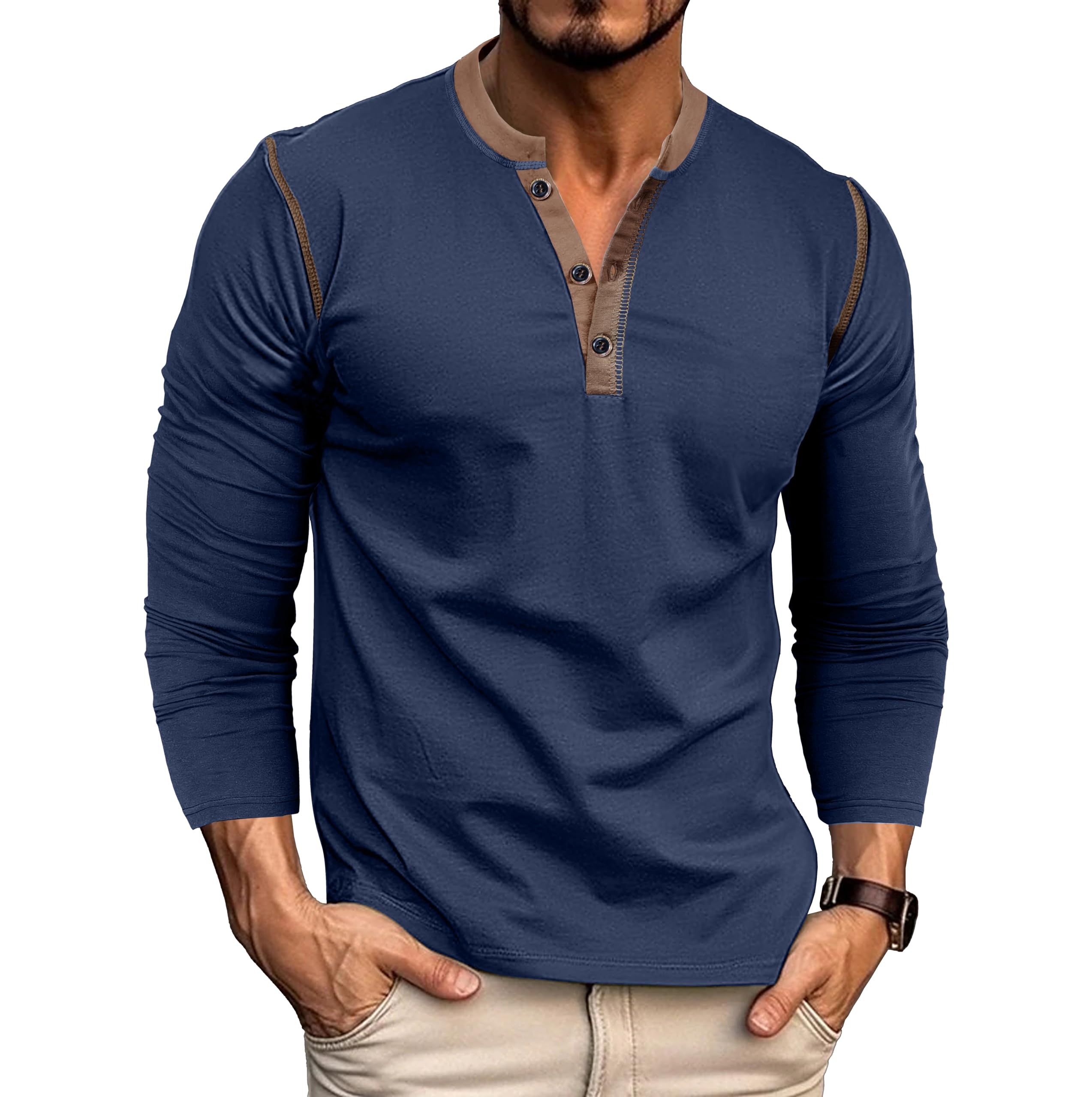 MakingDa Henley Camiseta Manga Larga Hombre Slim Fit Botones Deportiva Camisa Regular Muscle Fit Sudadera Casual Clásico Sólido Elastano Vintage Ligero Basica Shirts Juvenil