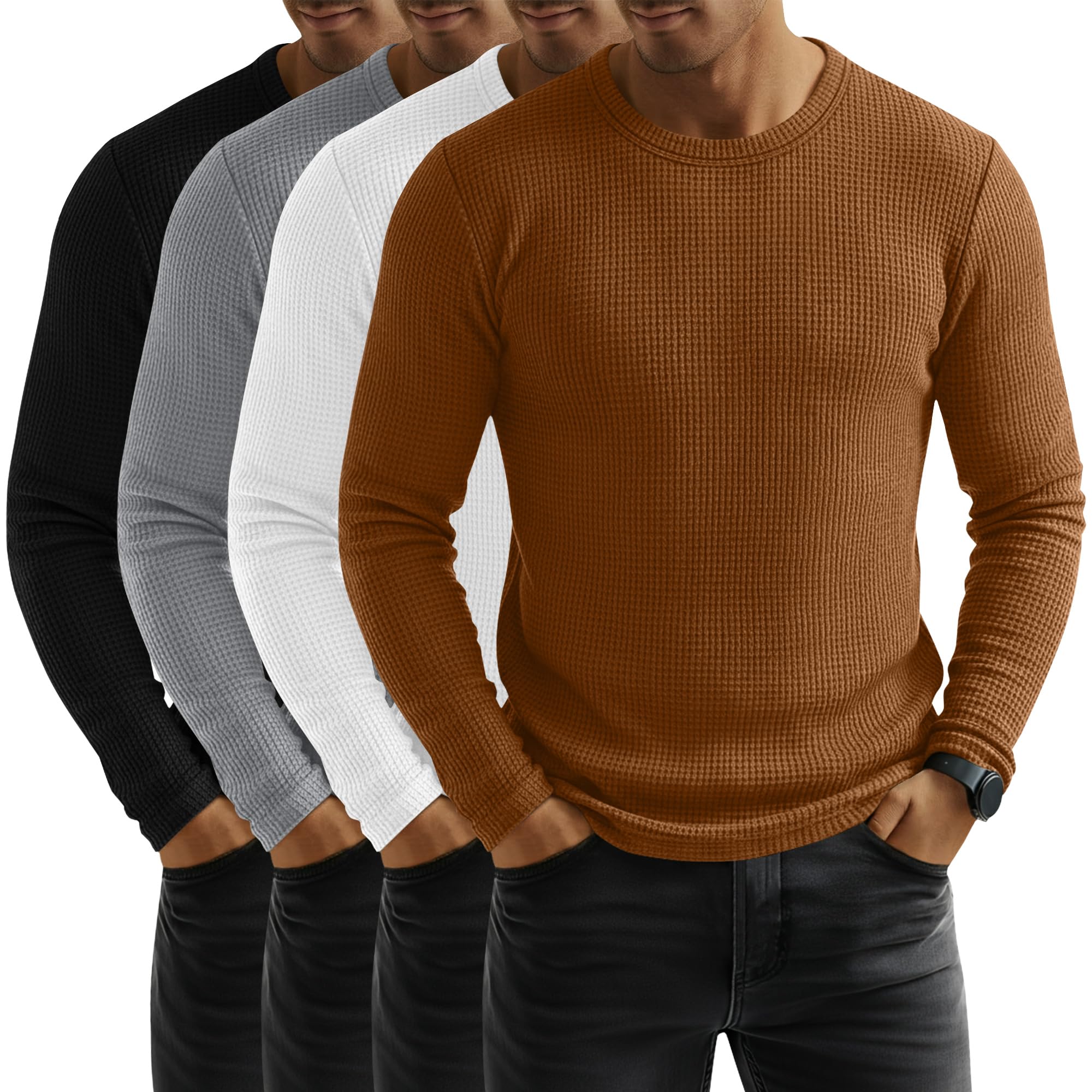4 Pack Men's Waffle Long Sleeve Shirts Crew Neck T-Shirts Casual Thermal Tops Lightweight Undershirts