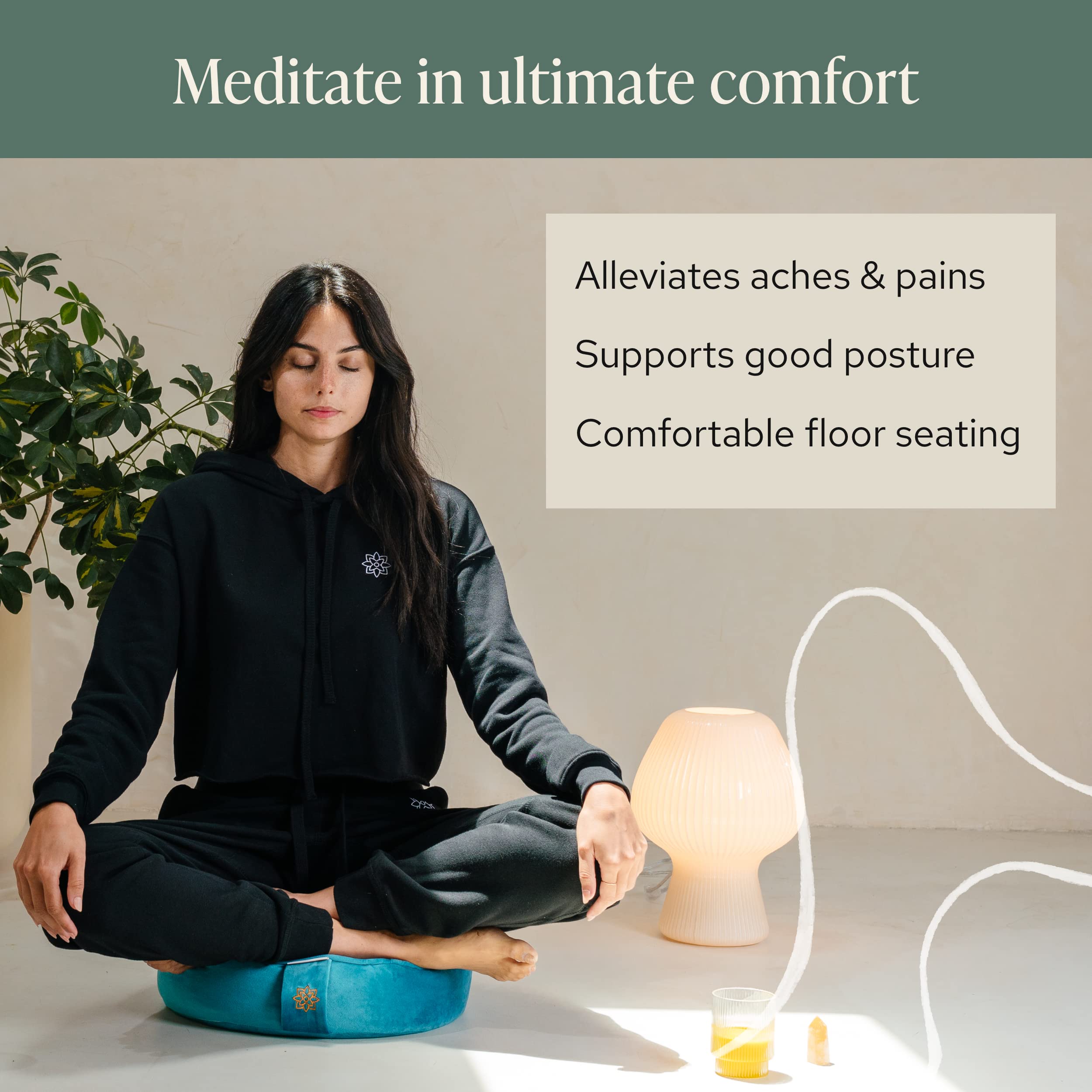 Mindful & Modern Velvet Meditation Cushion | Luxe Zafu Yoga Floor Pillow Seat | Posture Support | Buckwheat Hull Filled | Large Round Cushion with Removable Washable Cover + Carry Handle | Color Teal