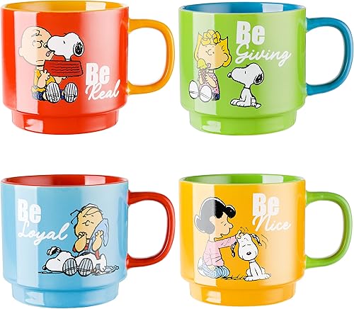 Miniatura 3 de Peanuts Snoopy Gentle Reminders - Tazas apilables de 15 onzas con estante de metal, cerámica, paquete de 4, varios colores