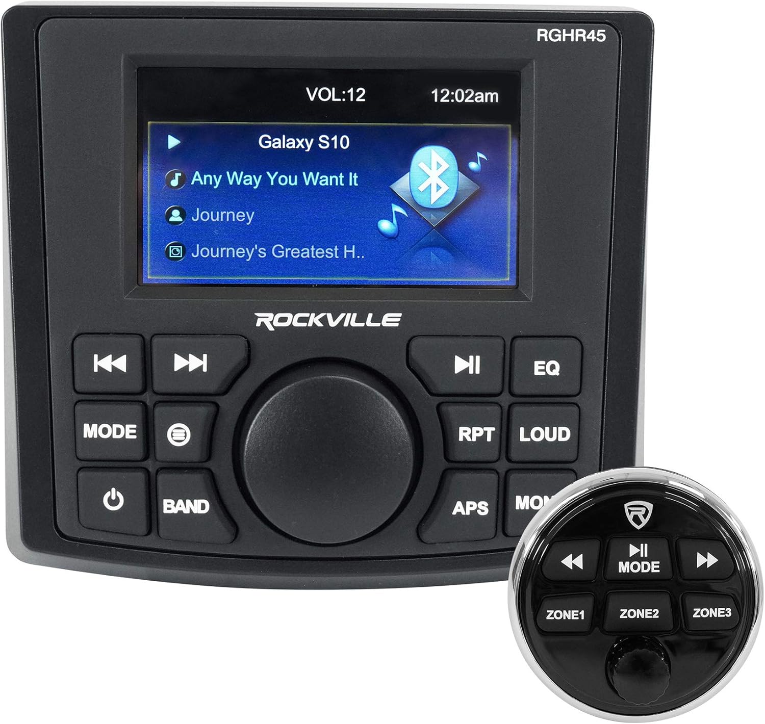 (Incomplete )Rockville RGHR45 72W x 4 Marine Gauge Receiver, Bluetooth, 4-Zone Volume, IP66 Waterproof, Rear Camera Input, USB Video, RCA A/V, Wired Remote, AM/FM, for Boats and Powersports