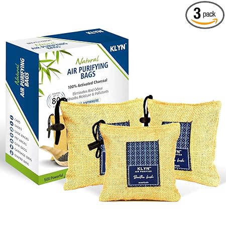 KLYN Non Electric Activated Charcoal Air Purifier Bag 200gm (Pack of 3) | Car Air Freshener To Remove Odor and Moisture Absorber | Natural Deodorizer and Dehumidifier for Car | Carbon Car Air Purifier