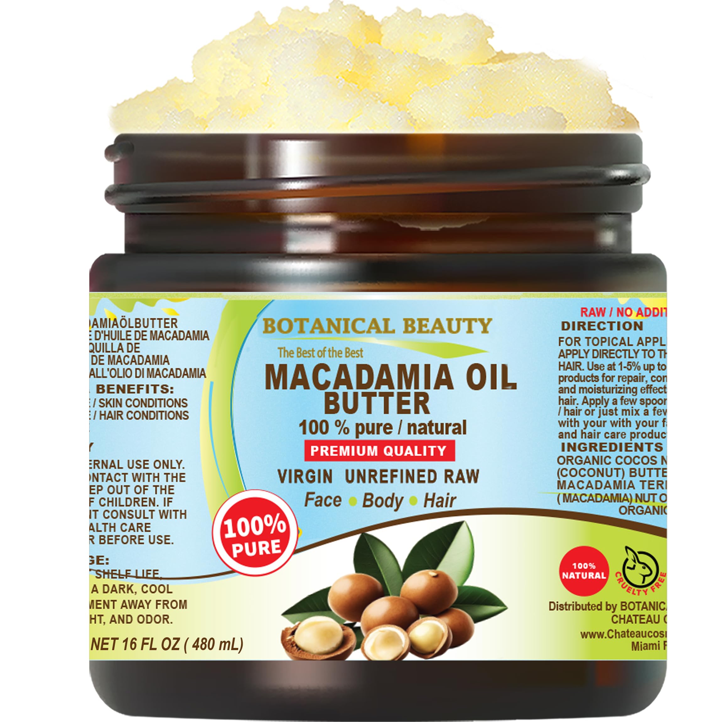 Botanical Beauty MACADAMIA OIL BUTTER 100% Pure Natural VIRGIN UNREFINED Cold-Pressed 16 Fl oz 480 ml for Face, Skin, Body, Hair, Lip, Nails. Rich in Vitamin E, Omega 3, Omega 6