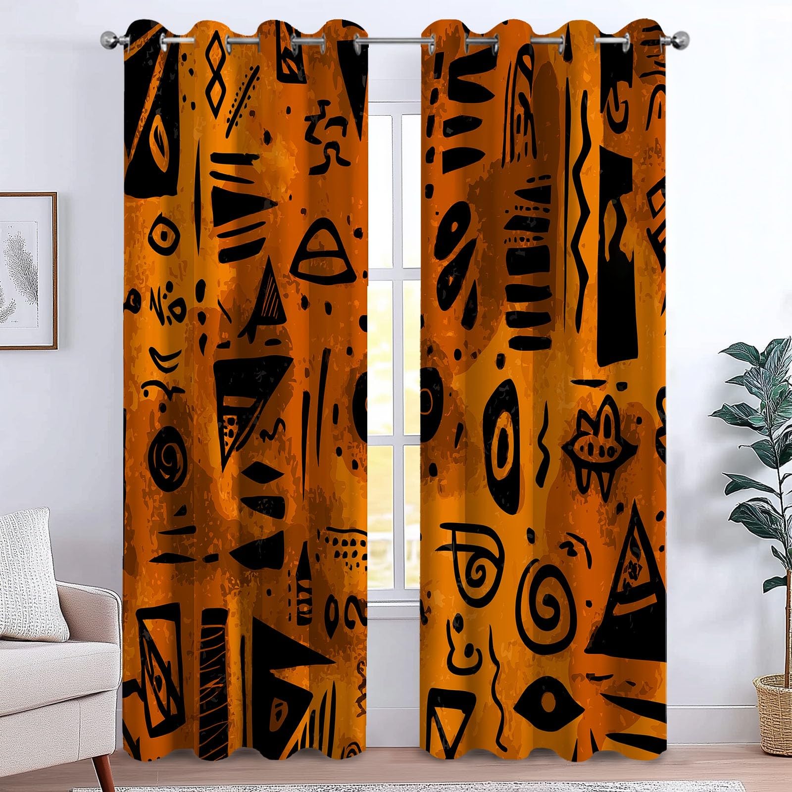 Générique Lot De 2 Rideaux Occultant Motif Tribal Africain Enfants Rideau à Oeillets Isolation Thermique, Couleur Orange Salon Rideaux Occultants, pour Chambre Salon Maison Bureau L 91.5 X H 214 cm