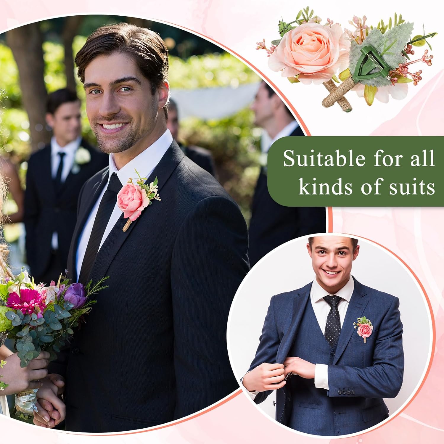 Sherr 36 Pcs Wedding Rose Boutonnieres for Men Wedding Groomsmen Artificial Corsage Groom Boutonniere Artificial Faux Flower for Prom Ceremony Party Rustic Marriage (Peach Pink)