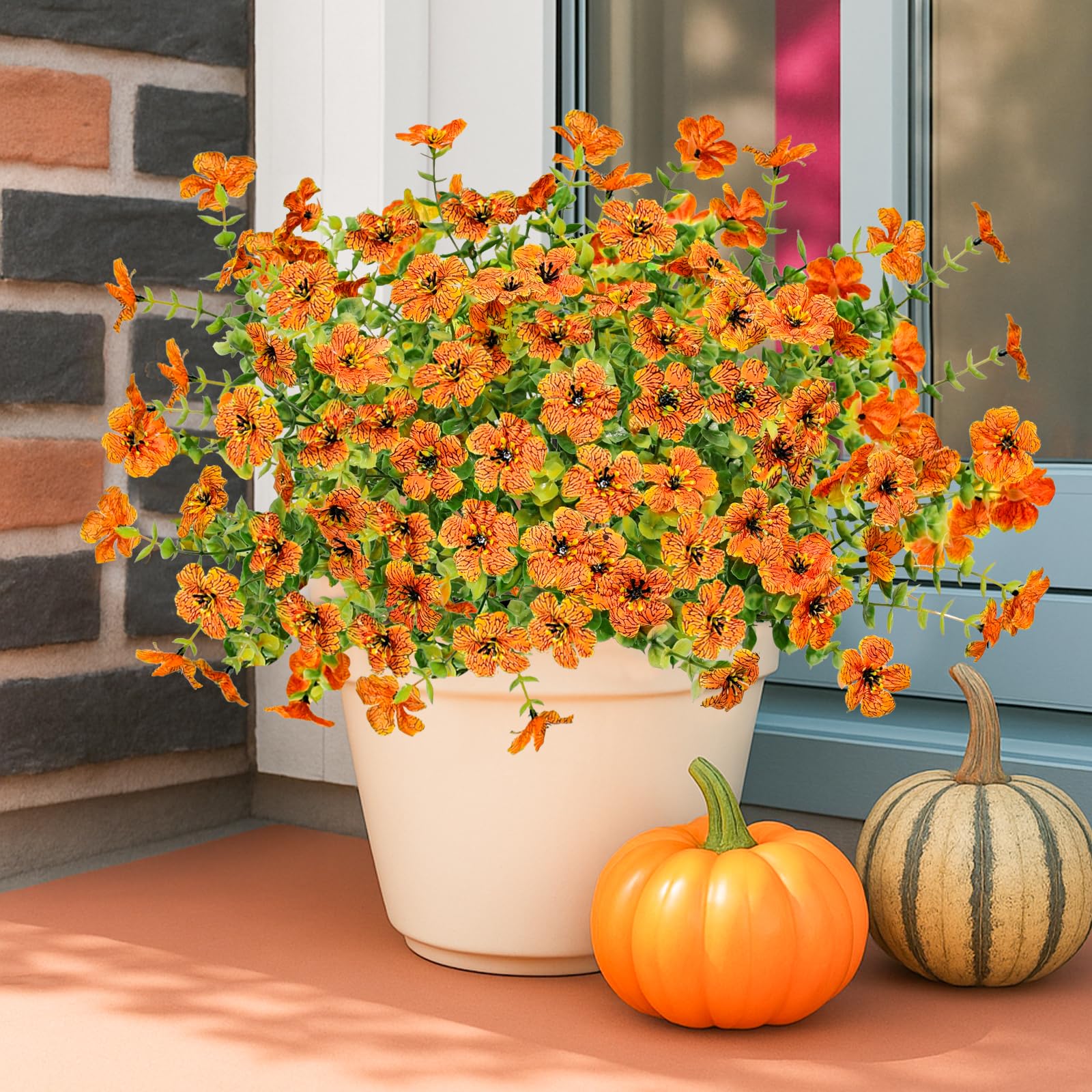 Agusbagli 10 Bundles Artificial Fall Flowers Outdoor UV Resistant Autumn Fake Flowers No Fade Faux Plastic Greenery Shrub Plants for Wedding Garden Window Box Fireplace Thanksgiving Home Decor, Orange