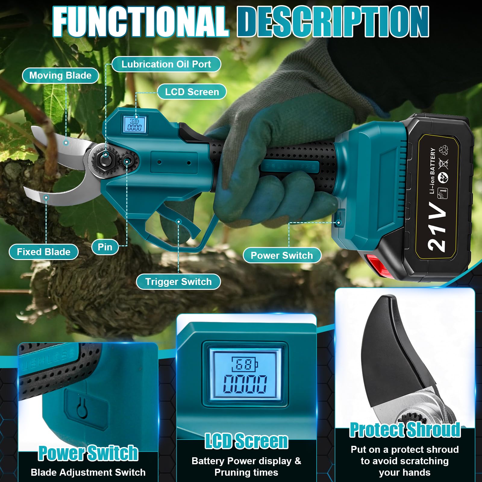 Sécateur Électrique Sans fil Compatible avec Makita 18 V, 30mm Secateur à batterie avec 2x2000mAh Batteries, LCD, Bürstenloser Motor, Ersatzklingen, pour branches, arbustes et troncs