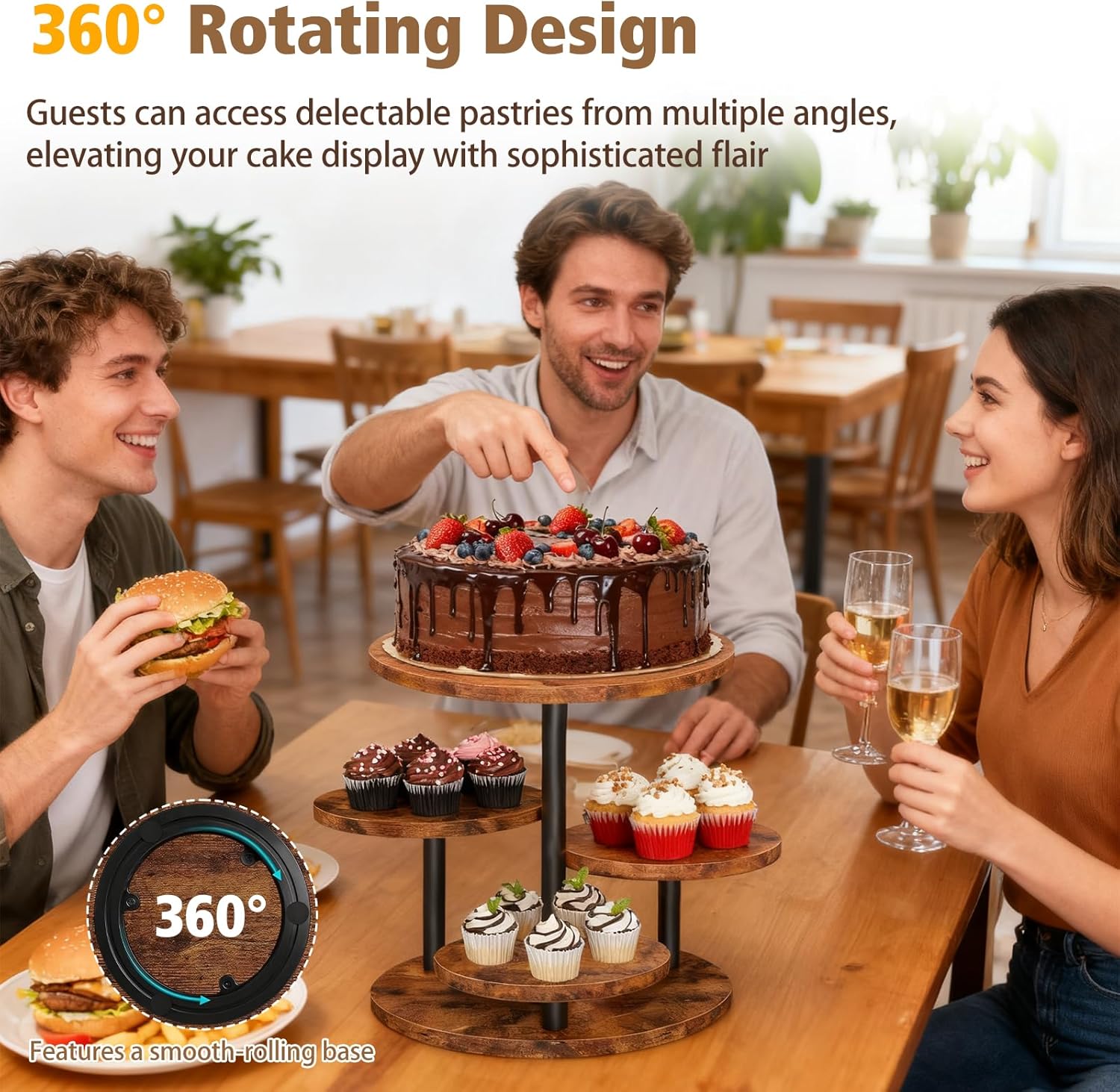 Yuehuam Cupcake Stand, 4 Tier Rotatable Cupcake Tower Stand for 50 Cupcakes, Wood Cake Stand, Rustic Dessert Table Display Round Serving Tray for Wedding Birthday Party