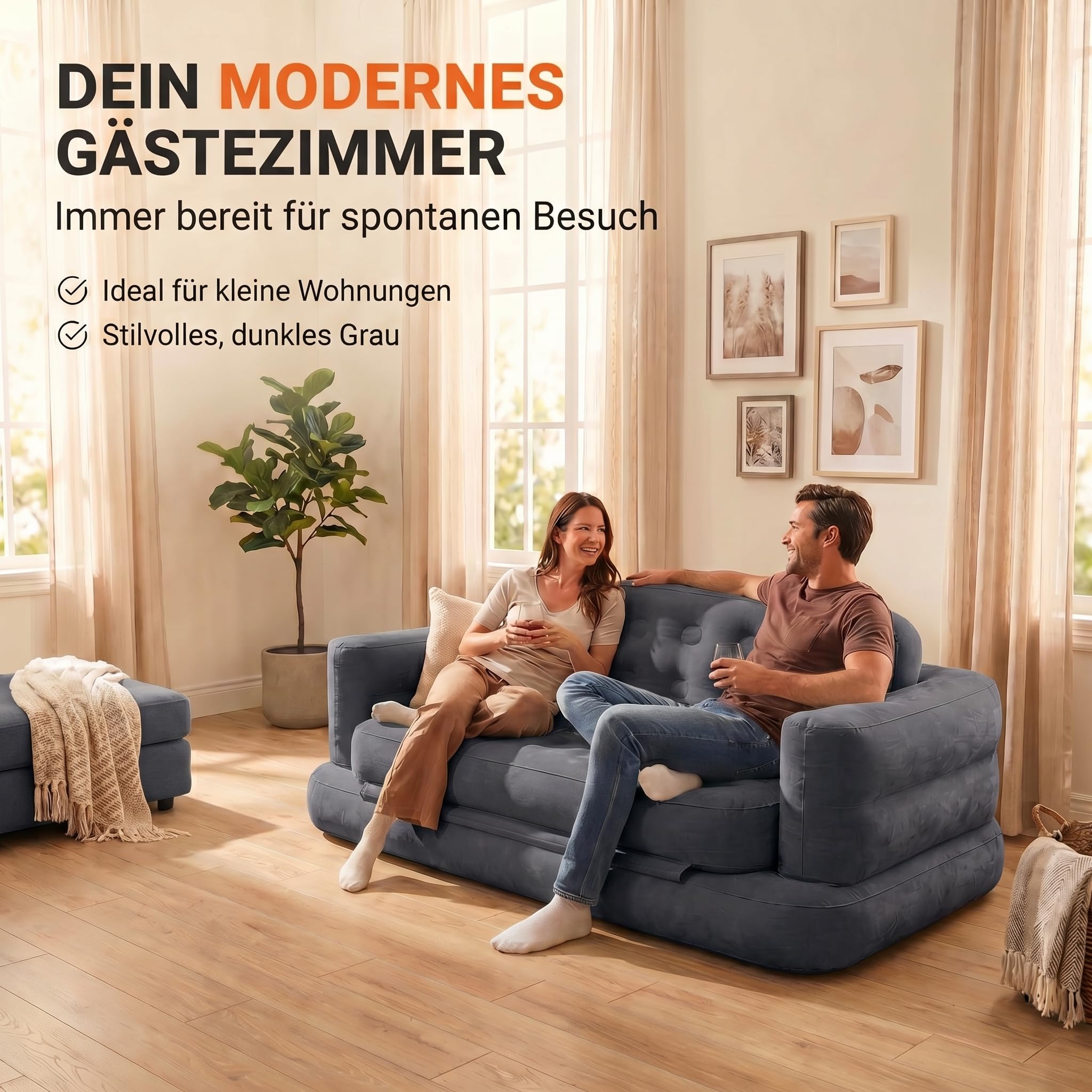 Naturiz® Pull Out Sofa 165x220cm - Camping Sofa mit Bettfunktion - Gästebett 2 Personen - Aufblasbares Sofa mit Tragetasche - kleines Mini Sofa, Mini Couch, Luftsofa (Grau, mit Pumpe)