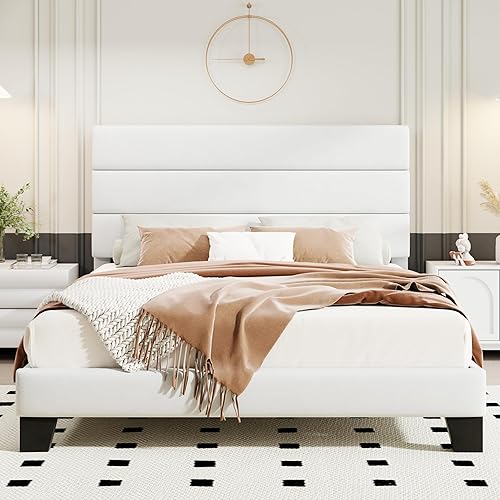 Miniatura 41 de HOOMIC Base de cama de tamaño matrimonial con cabecero, plataforma tapizada de tela con soporte de listones de madera fuerte, base de colchón, no