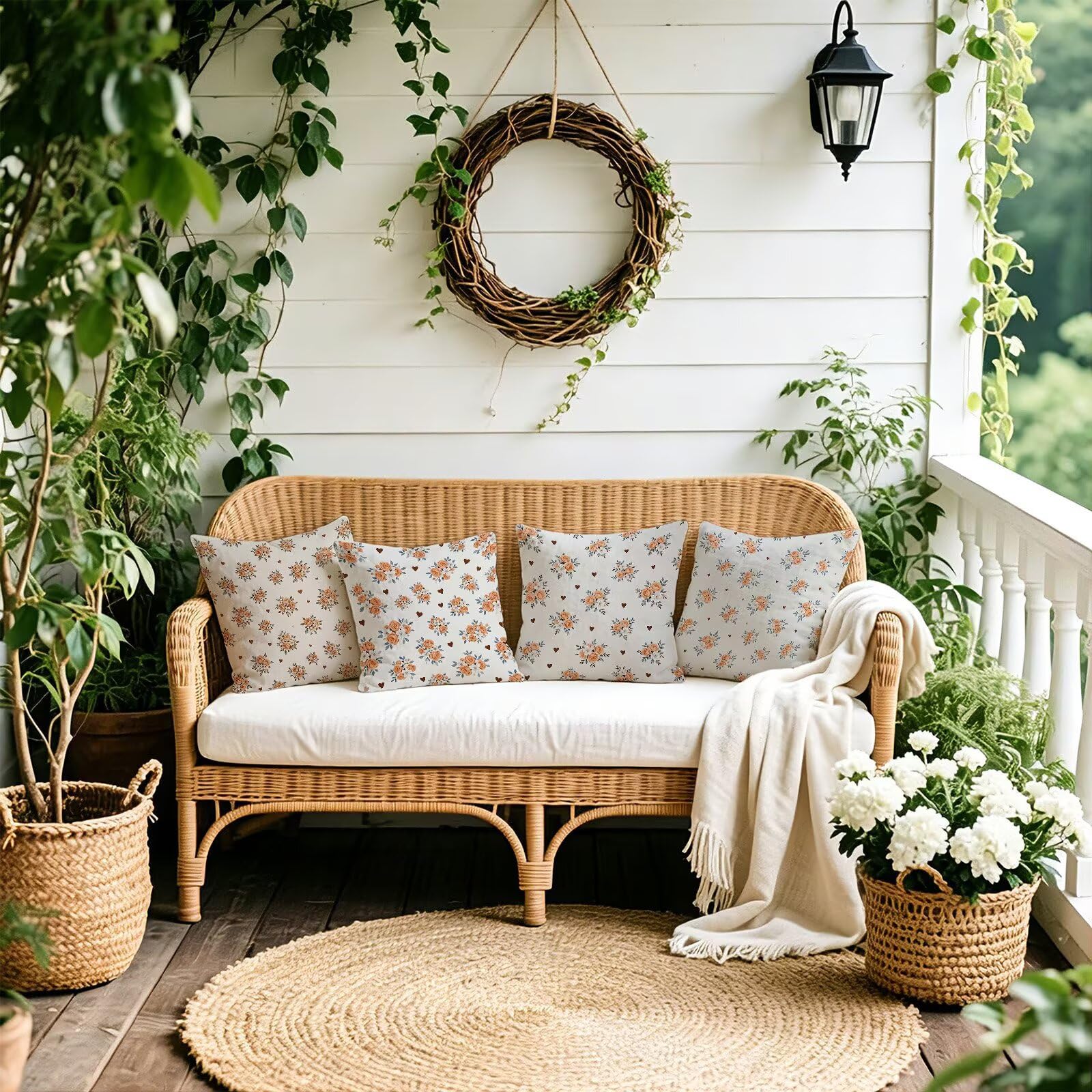 Beige Federe Cuscini Divano 75x75cm, Cuscini da Esterno Set de 4, Cod-95 | Lin Copricuscini Decorativi Letto Arredo, per Letto, Soggiorno, Giardino, Esterno, Casa Decorazione Set di 4 Pianta
