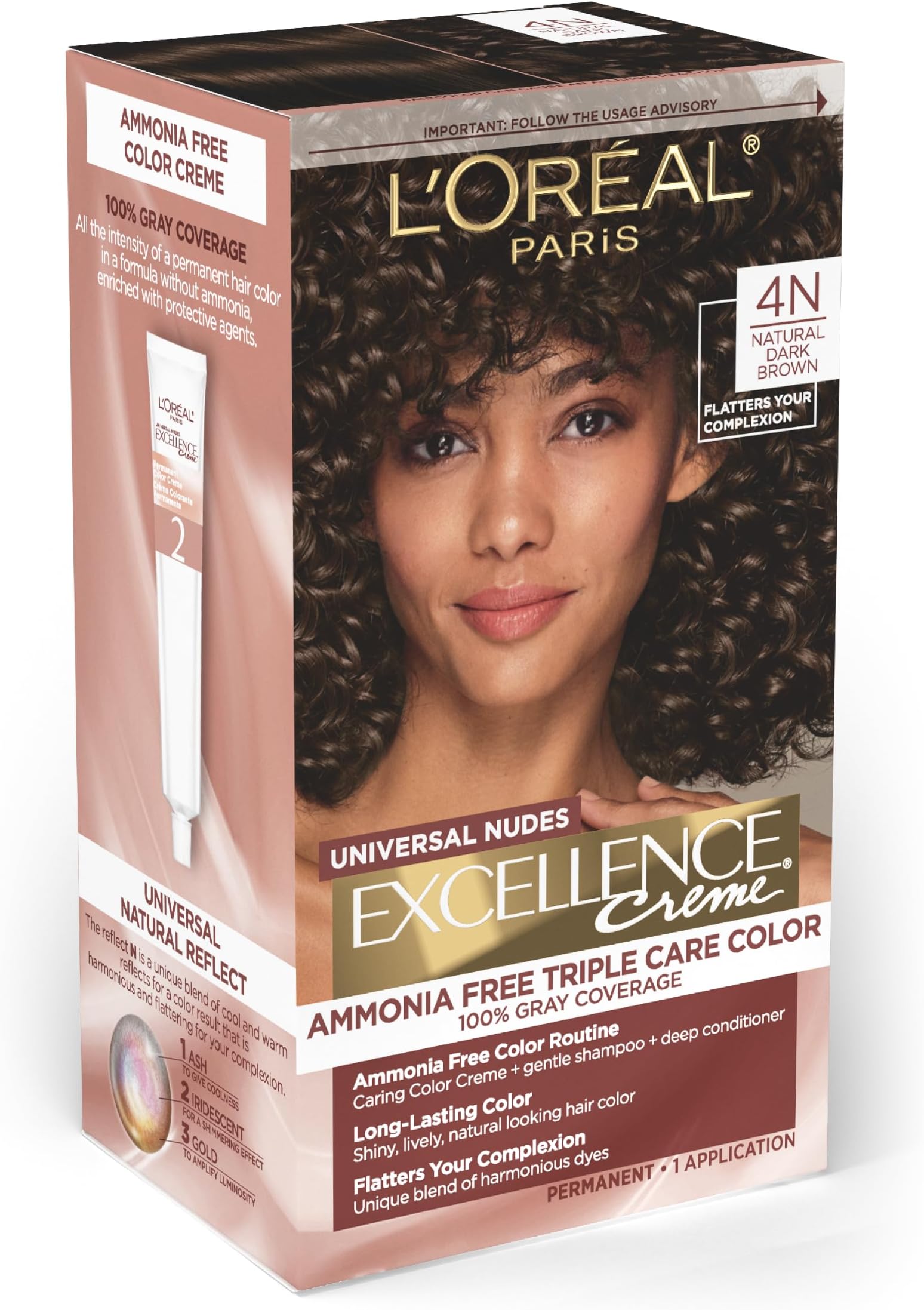 LโOreal Paris Excellence Universal Nudes Permanent Hair Color, Ammonia Free Hair Dye for Gray Hair Coverage, 4N Natural Dark Brown, 1 Hair Dye Kit