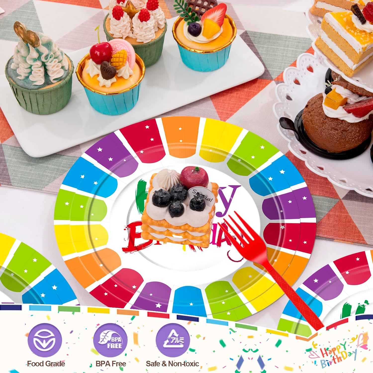 125 Pcs Rainbow Happy Birthday Party Supplies - Disposable Dinnerware with Plates, Cups, Napkins,Colorful Polka Dot Tableware, for Birthday, Baby Shower & Rainbow Themed Parties, Serves 25 - Image 4