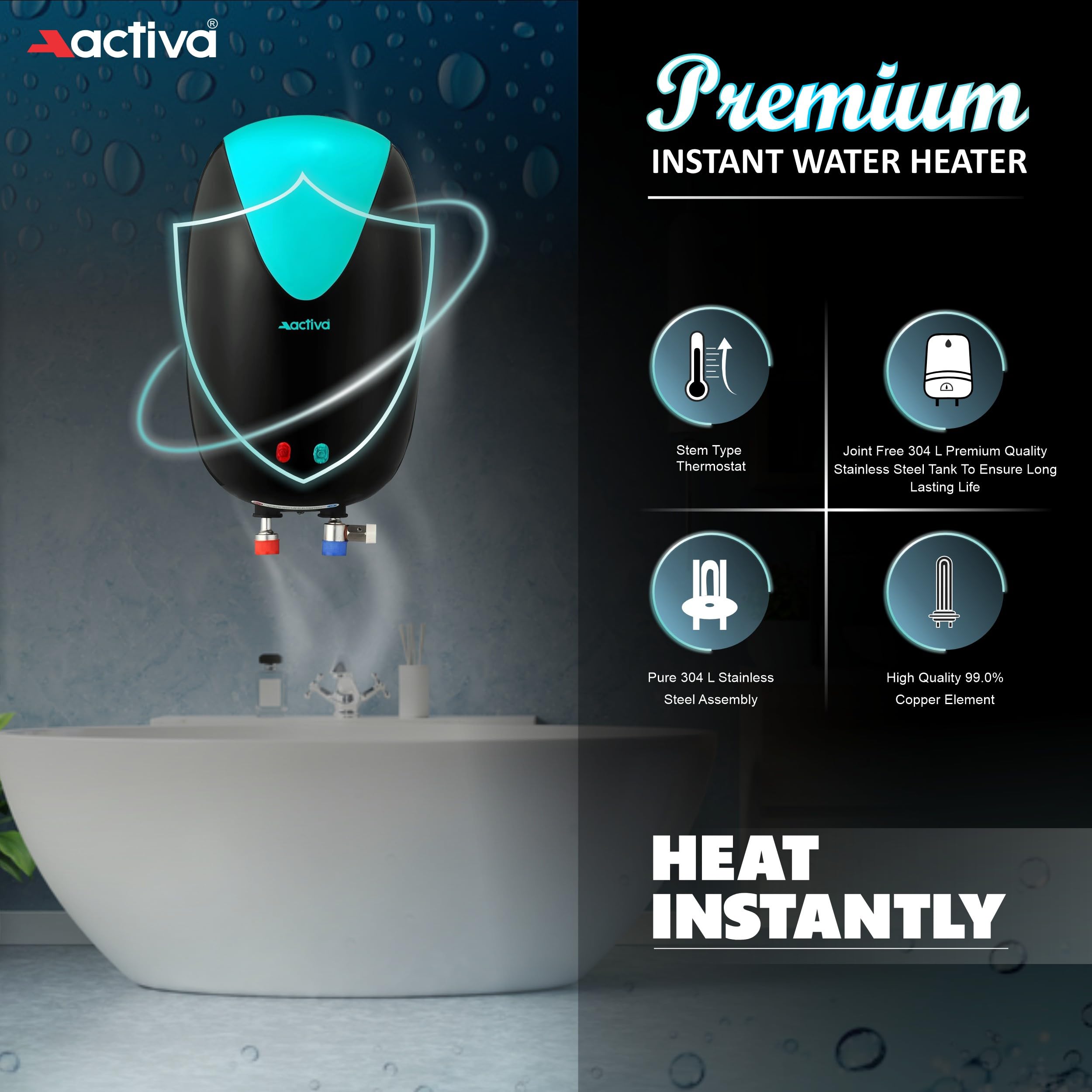 ACTIVA 3L Instant Water Heater Geyser 3kW ISI Copper Element 304L SS Tank Anti Rust Coating Auto Cut Off ABS Body BEE 5 Star Fast Heating Compact Bathroom Kitchen Use 5 Year Warranty Green Black