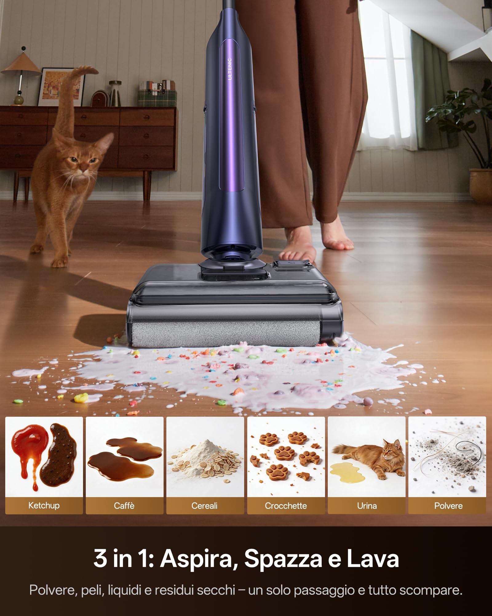 Ultenic AC1 Triflex Aspirapolvere Lavapavimenti, Design Piatto a 180°, 0 mm Pulizia Bordi, Lavapavimenti Senza Fili 3-in-1, Auto-Pulizia, Autonomia 55 min, Anti-Groviglio, Assistente Vocale 5 Lingue