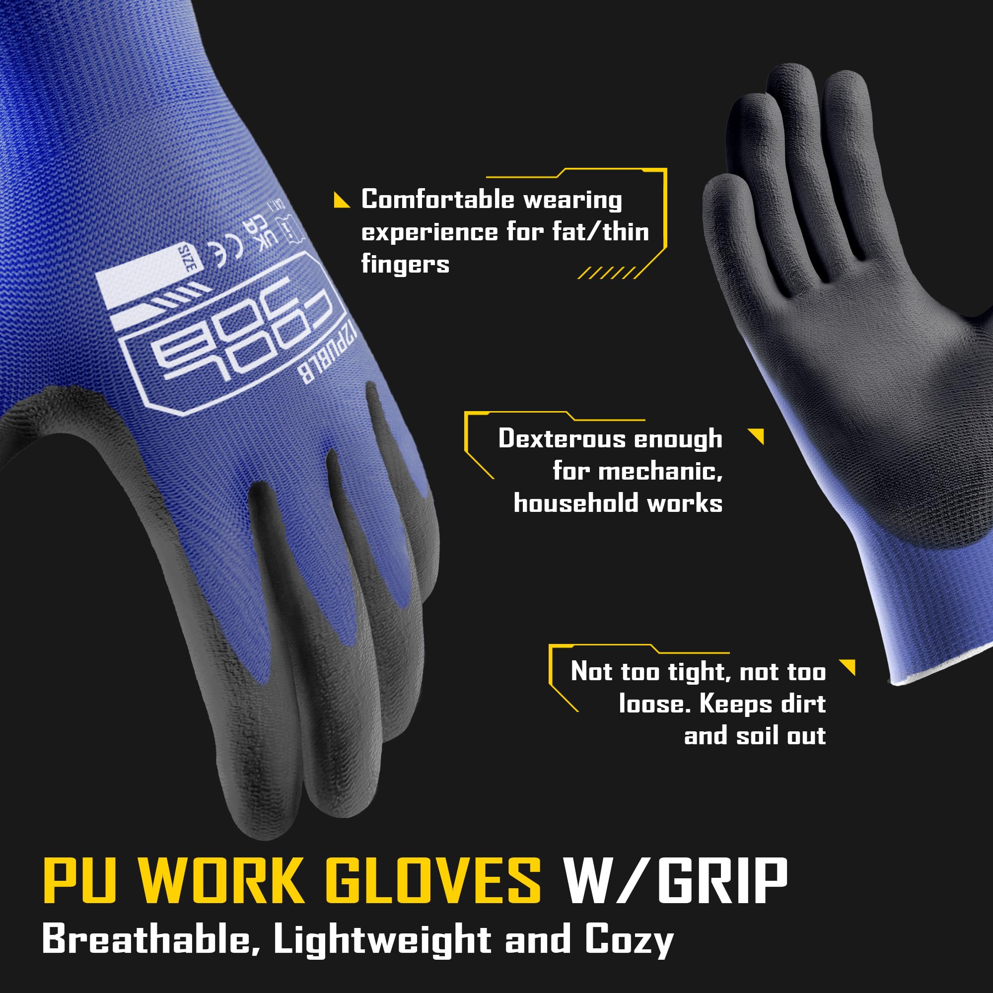 COOLJOB 12 works Safety Work Gloves Pack Bulk with Grip PU Coating - Image 2