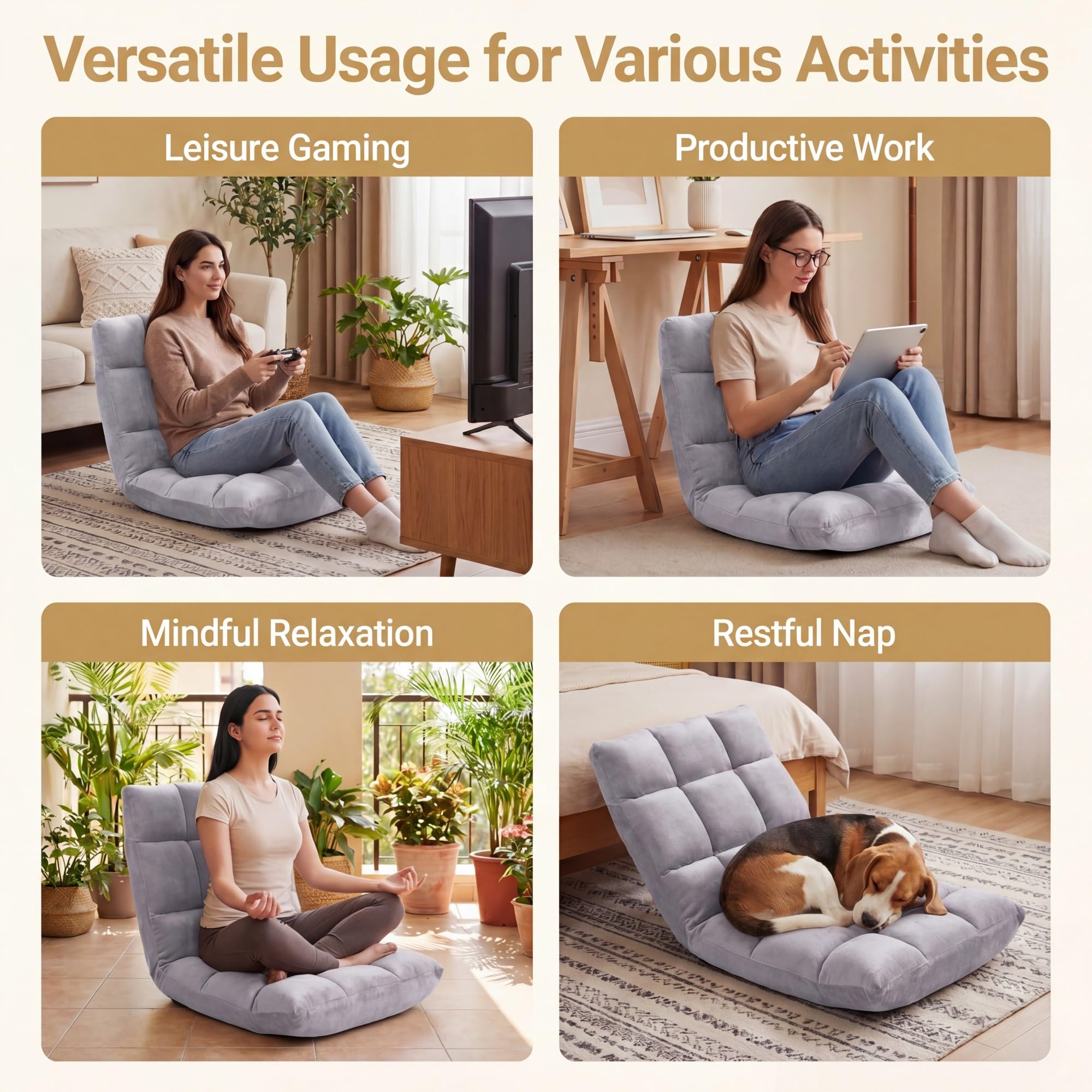 RELAX4LIFE Bodenstuhl Klappbar, Bodensessel mit Verstellbarer Rückenlehne & Liegefunktion, Relaxsessel faltbar, Bodensitz gepolstert, Meditationsstuhl, Floor Chair für Zuhause & Freizeit (Grau)