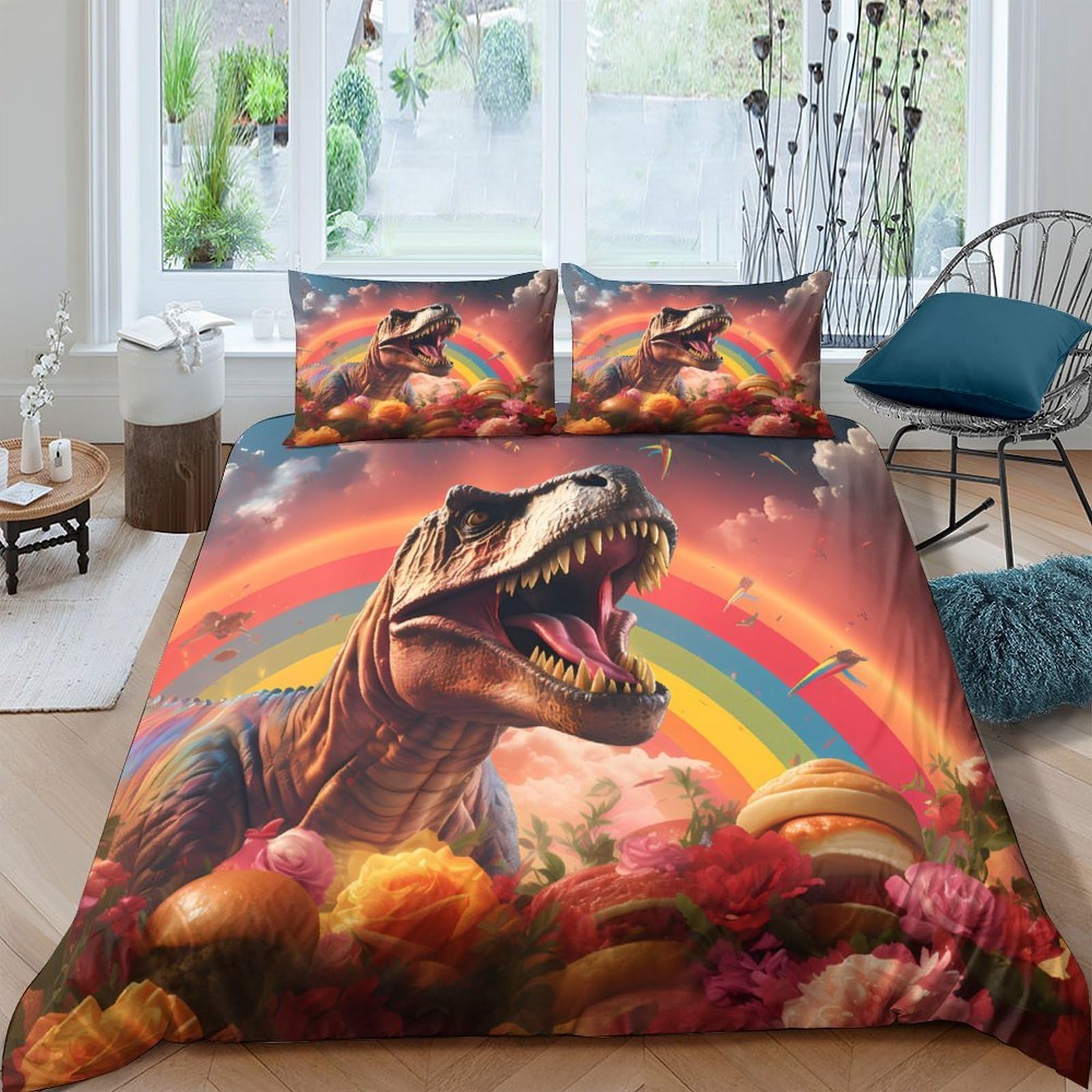 Ctjqhvkz Style-2 3D Printed Dinosaur Rainbow Fitted Sheet Microfiber Soft Anti-Slip Mattress Cover For Bedroom Dorm Mattress Protection Decor Single（135X200cm）