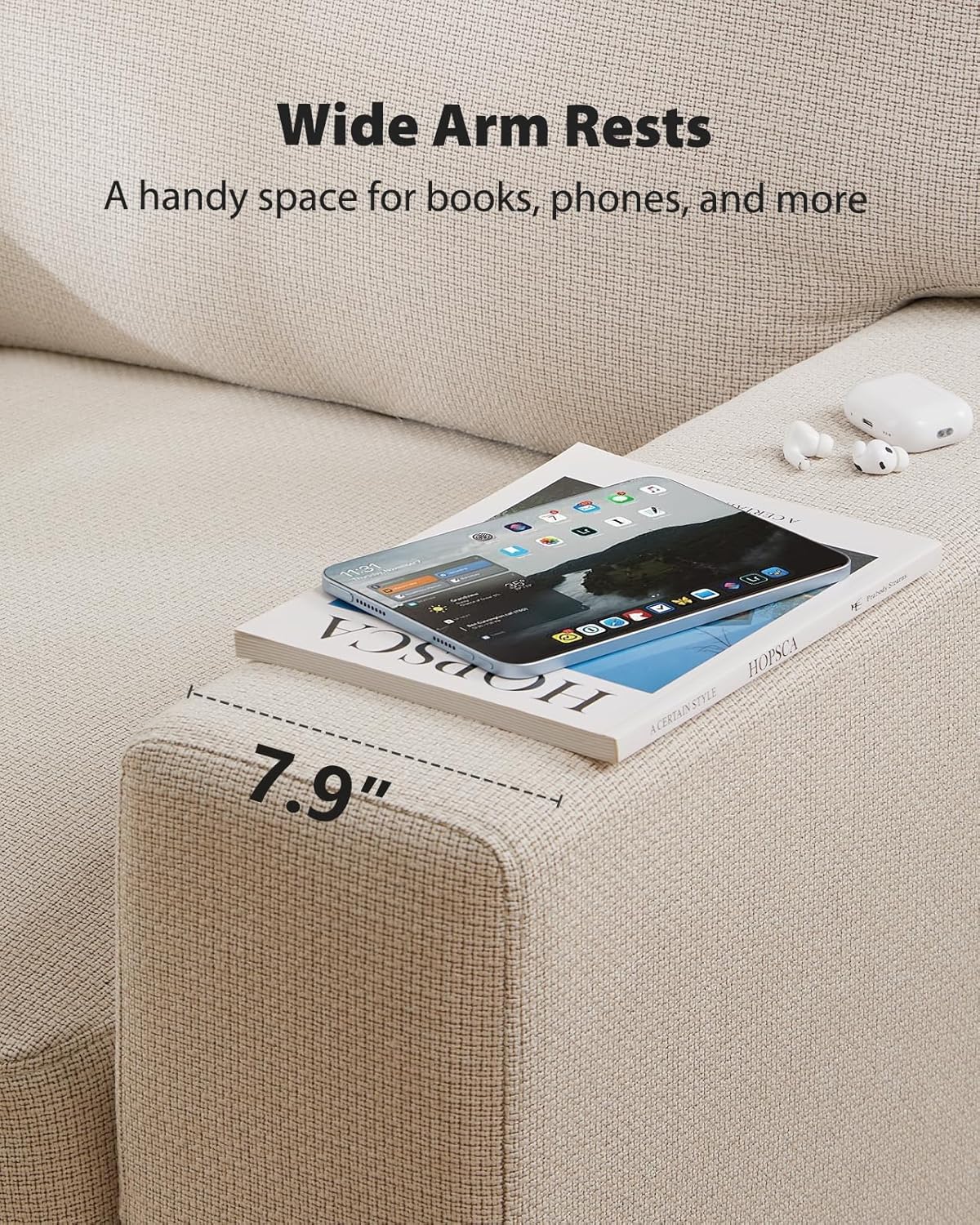 Close-up of the wide armrest on the Pipishell sofa, showing space for a tablet and other items.
