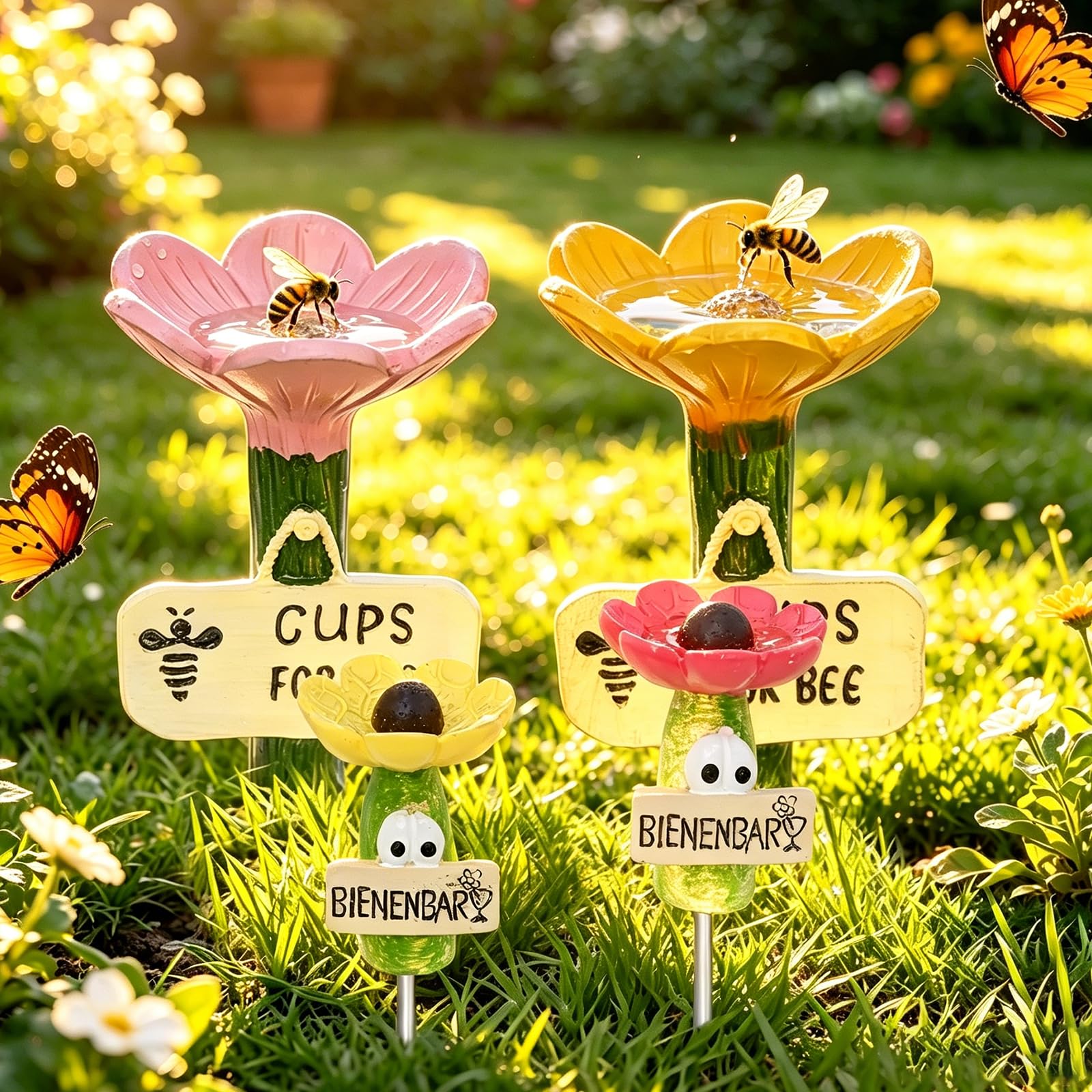 VASTOPIA 4Pcs Bee Watering Station for Garden, Bee Baths Drinking Cups, Colorful Bees Feeder, Fairy Garden Accessories for Outdoor Yard Decor, Gardens Stakes Decorative