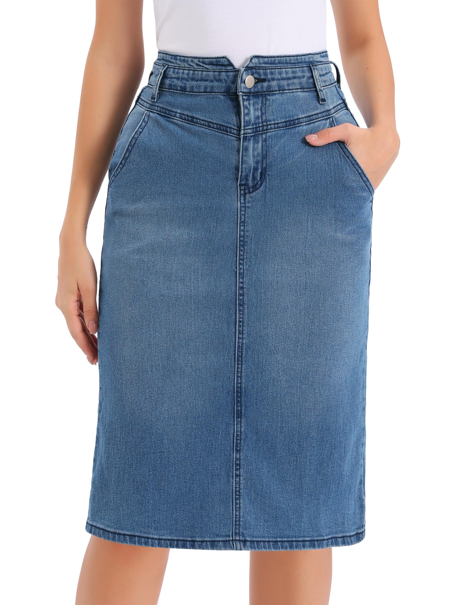 Allegra K Jeansrock für Damen Stretch Kniebedeckt Denimrock | Hohe Taille mit Hintenem Schlitz 2 Taschen Vielseitig für Lässigen Alltag Klassisches Styling