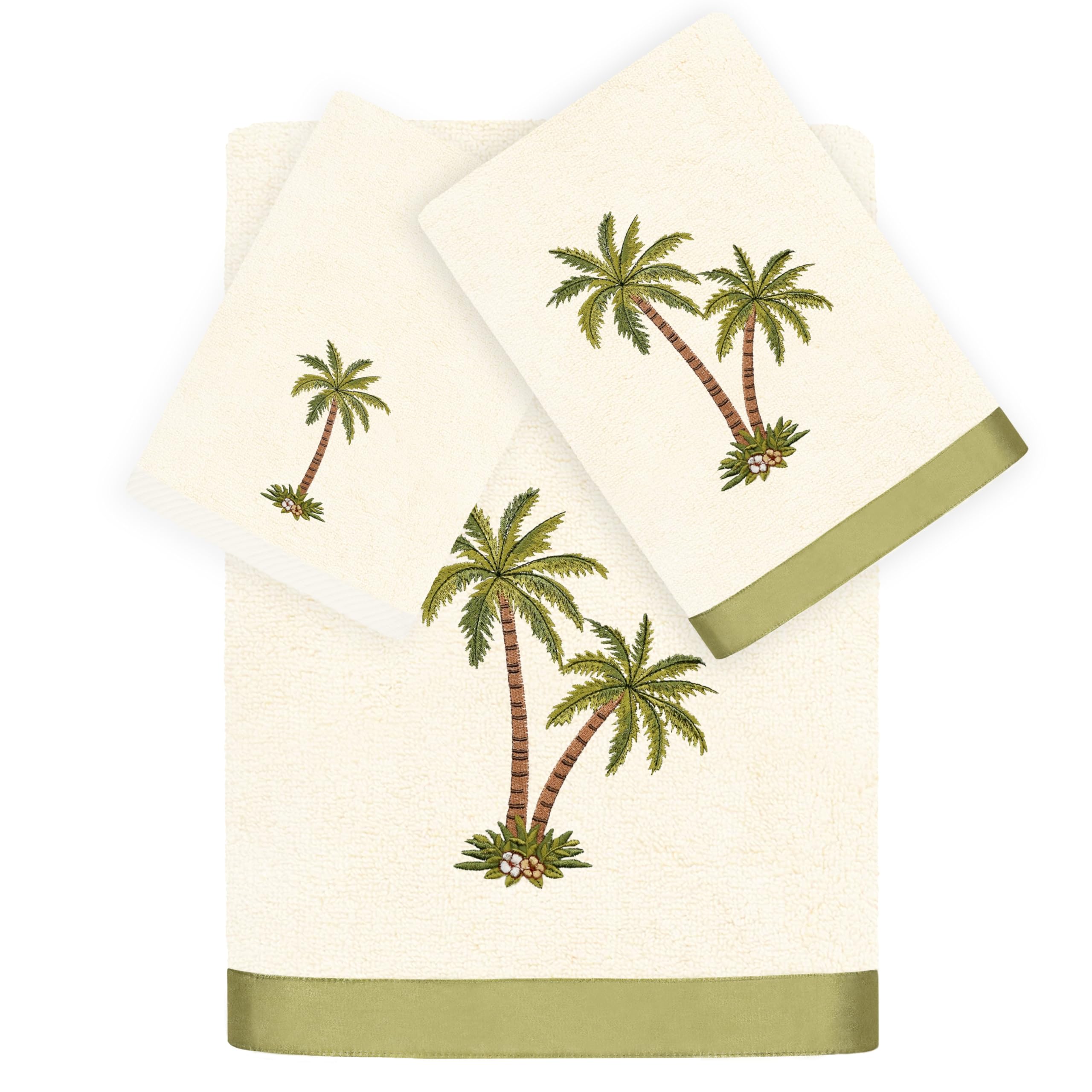 KHALPERA Flourish 3-Piece Mixed Towel Set, Embroidered Tropical Design, Plush Turkish Cotton, Absorbent & Durable, 1 Bath 1 Hand 1 Fingertip Towel,