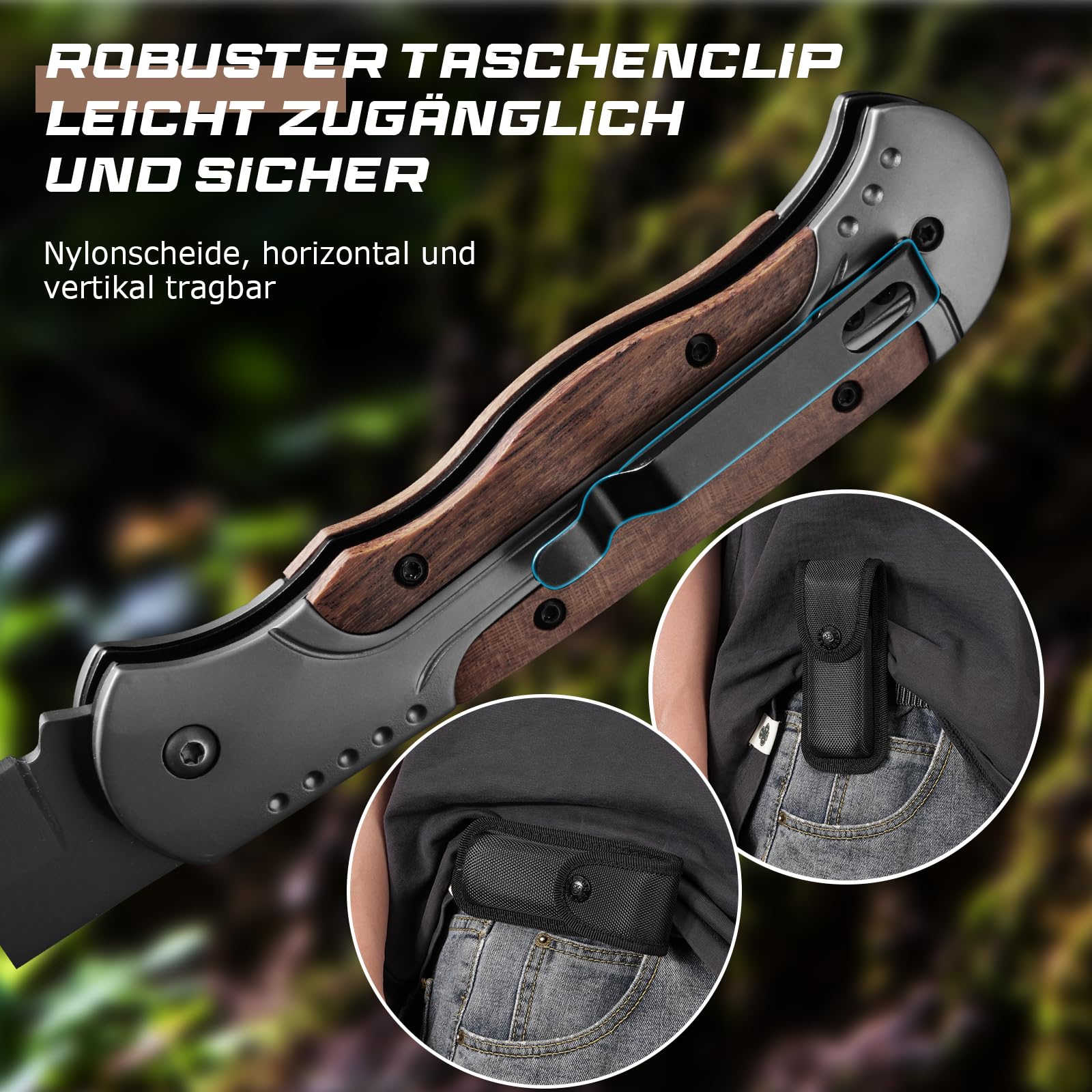DRACHENADER Zweihand Klappmesser A-11, Zweihandmesser 42a Konform, Zweihandmesser aus 420C-Stahl, EDC Taschenmesser mit Clip und Nylon-Tasche, Holz und Aluminiumgriff