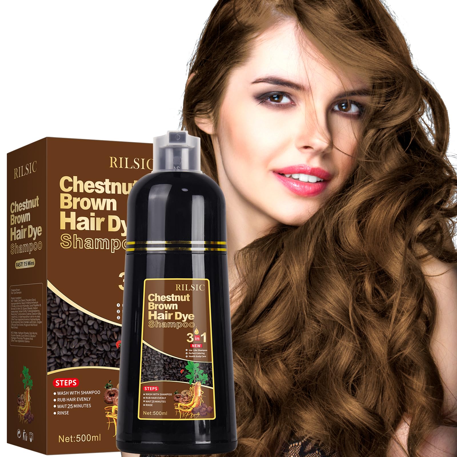 Haarfarbe Kastanienbraun, Haarfärbeshampoo für Graues Haar, Hair Dye Shampoo 3-in-1 Haarfarbe, Natürliches Haarfärbeshampoo, Sofort-Haarfarben-Shampo für Männer Frauen (Kastanienbraun)