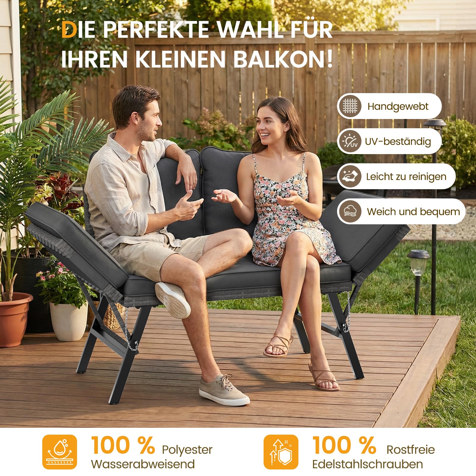 UDPATIO Polyrattan Gartenbank Wetterfest mit Liegefunktion Balkonsofa 3 in 1 Verstellfunktion mit Extra Dicke Sitzpolstern & Kissen für Garten, Balkon,Terrasse - Grau-meliert & Grau Bezüge