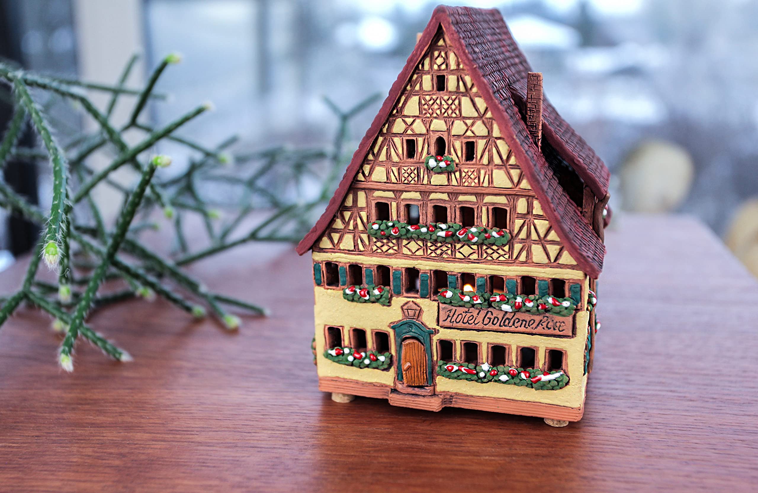 Ceramiczny domek świetlny, rękodzieło, miniaturka artystyczna, dom złota róża w orkiszu, Niemcy, A270AR
