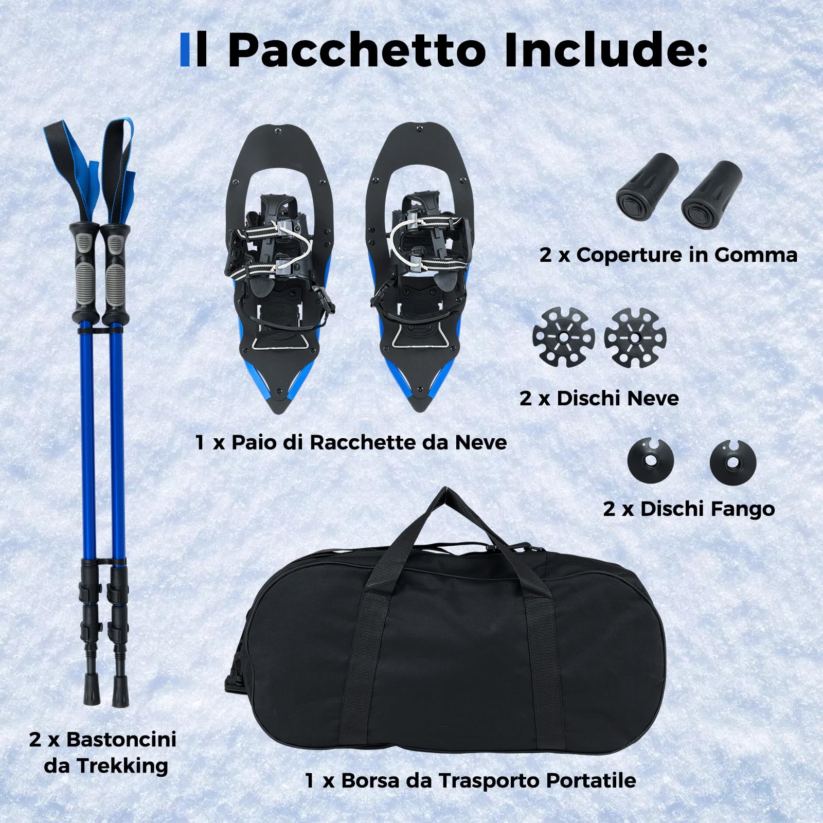 COSTWAY Ciaspole da Neve 54/63 cm, Racchette da Neve con Bastoncini da Trekking, Legacci Regolabili Imbottiti in EVA con Chiusura a Tiraggio Singolo e Sollevatore per il Tallone