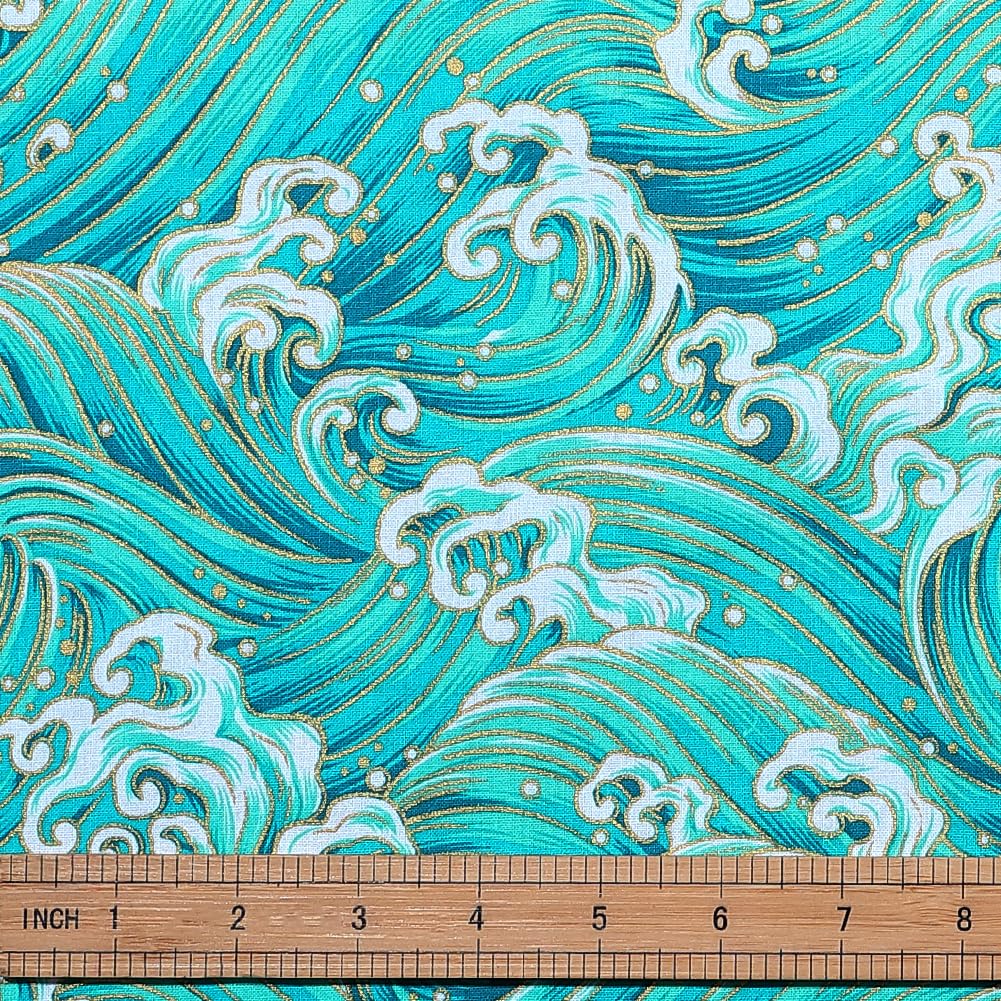 PH PandaHall 1Yard Sea Wave Fabric 59inch Wide Japanese Hokusai Style Fabric Gold Hot Stamping Upholstery Blue Ocean Sewing Decor for DIY Crafts Sewing Handmade Clothing Tablecloth Home Decor