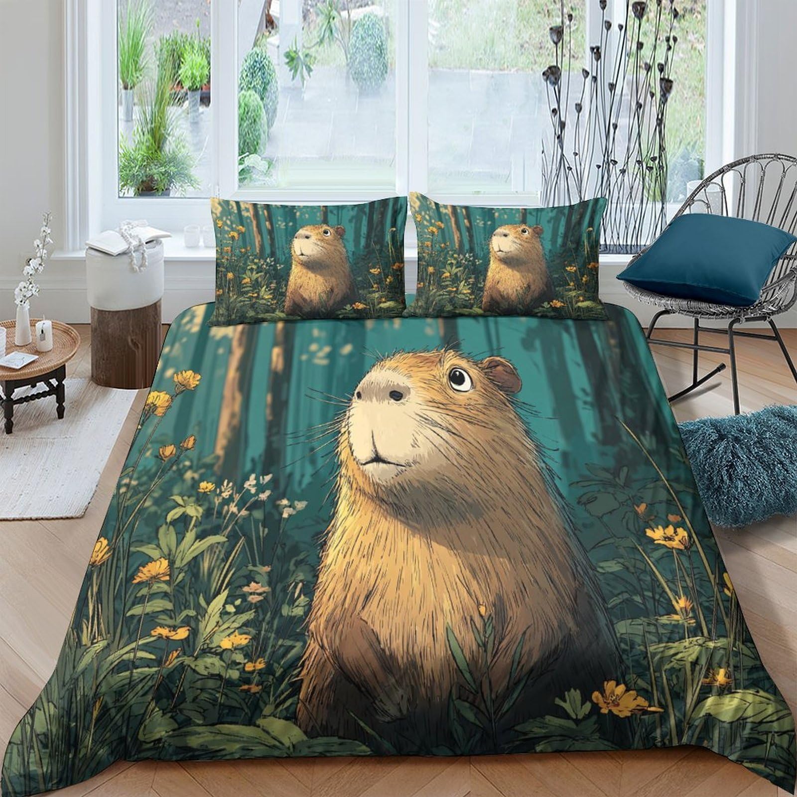 Ctjqhvkz Style-7 3D Printed Capybara Forest Fitted Sheet Microfiber Anti-Slip Bed Cover For Bedroom Guest Room Dorm Decor Easy Care Single（135X200cm）