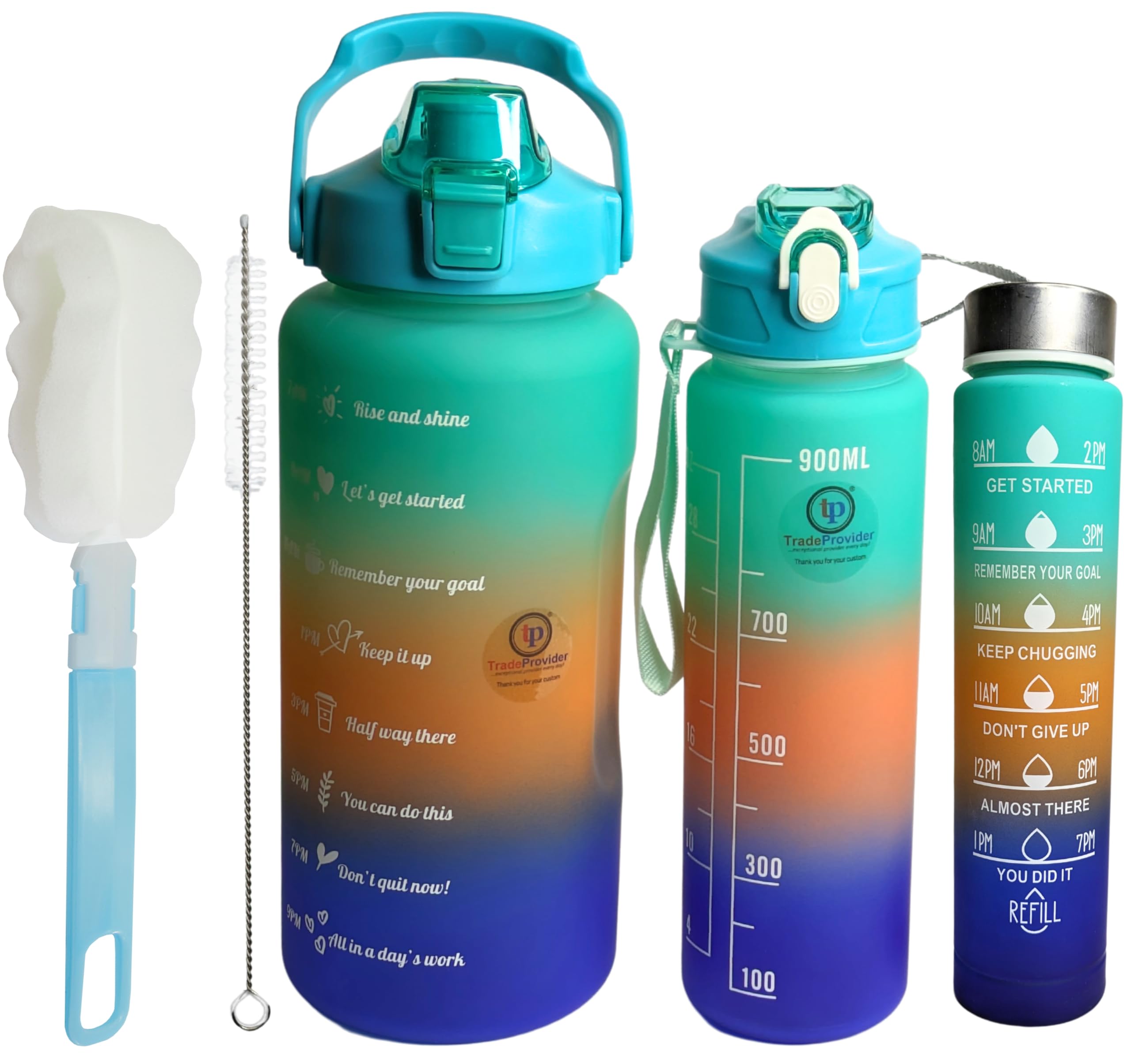 TradeProvider® Drinking Bottle (3 GreenPack) BPA Free 2L, 900L, 300L with Leakproof Lid, Straw, Brush, Time Markings, Non-Toxic Reusable Hydration Water Bottles for Gym Office Outdoor Sport