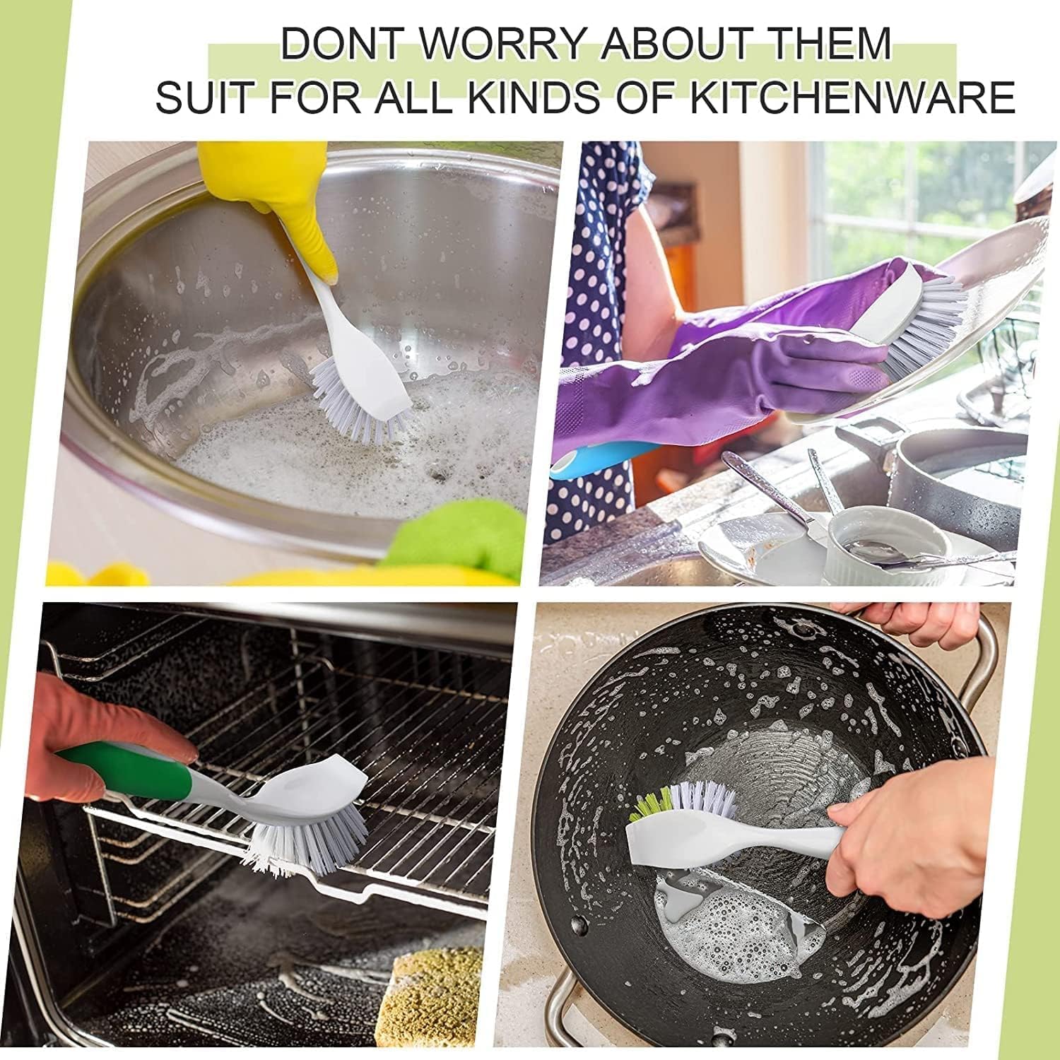 Aputue Saplı bulaşık fırçası, 2 adet mutfak temizleme gereci, sert kıllı fırça ile yerleşik kazıyıcılı tasarım, tencere tava ve lavabo için ergonomik tutuşlu etkili ev temizlik yardımcısı