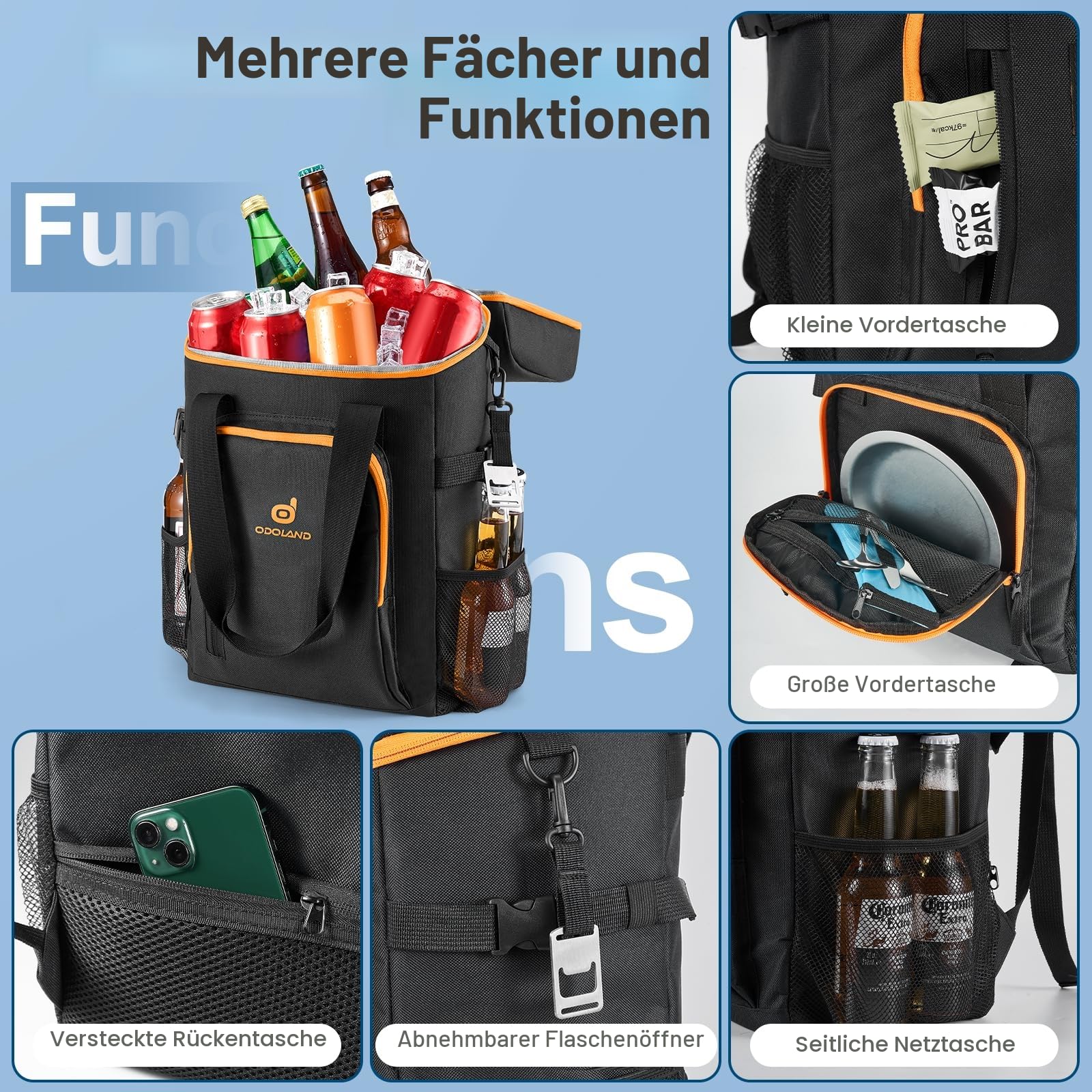 Odoland Kühlrucksack mit 3 Kühlakkus, 30 can Thermo Kühltasche Wasserdicht Rucksack zum Kühl mit Flaschenöffner für Camping, Picknick, BBQs, Strand, Reise, Ausflügen, Einkaufen